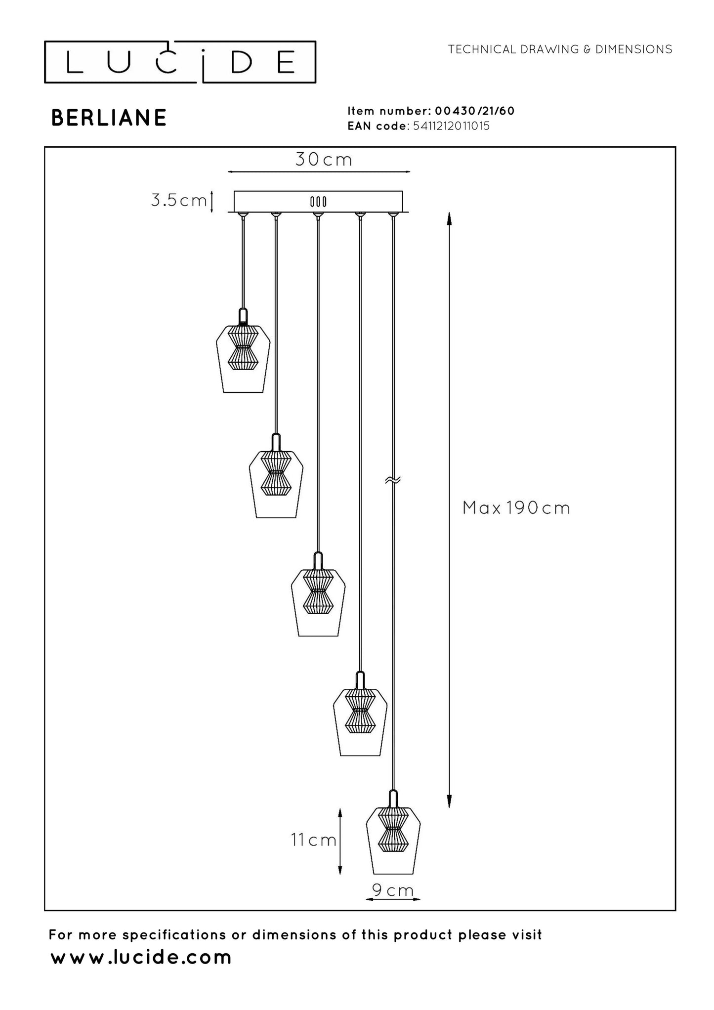 Lucide BERLIANE - Pendant light - Ø 34 cm - LED Dim. - 5x4W 2700K - With replaceable LED module - Transparant | Essential