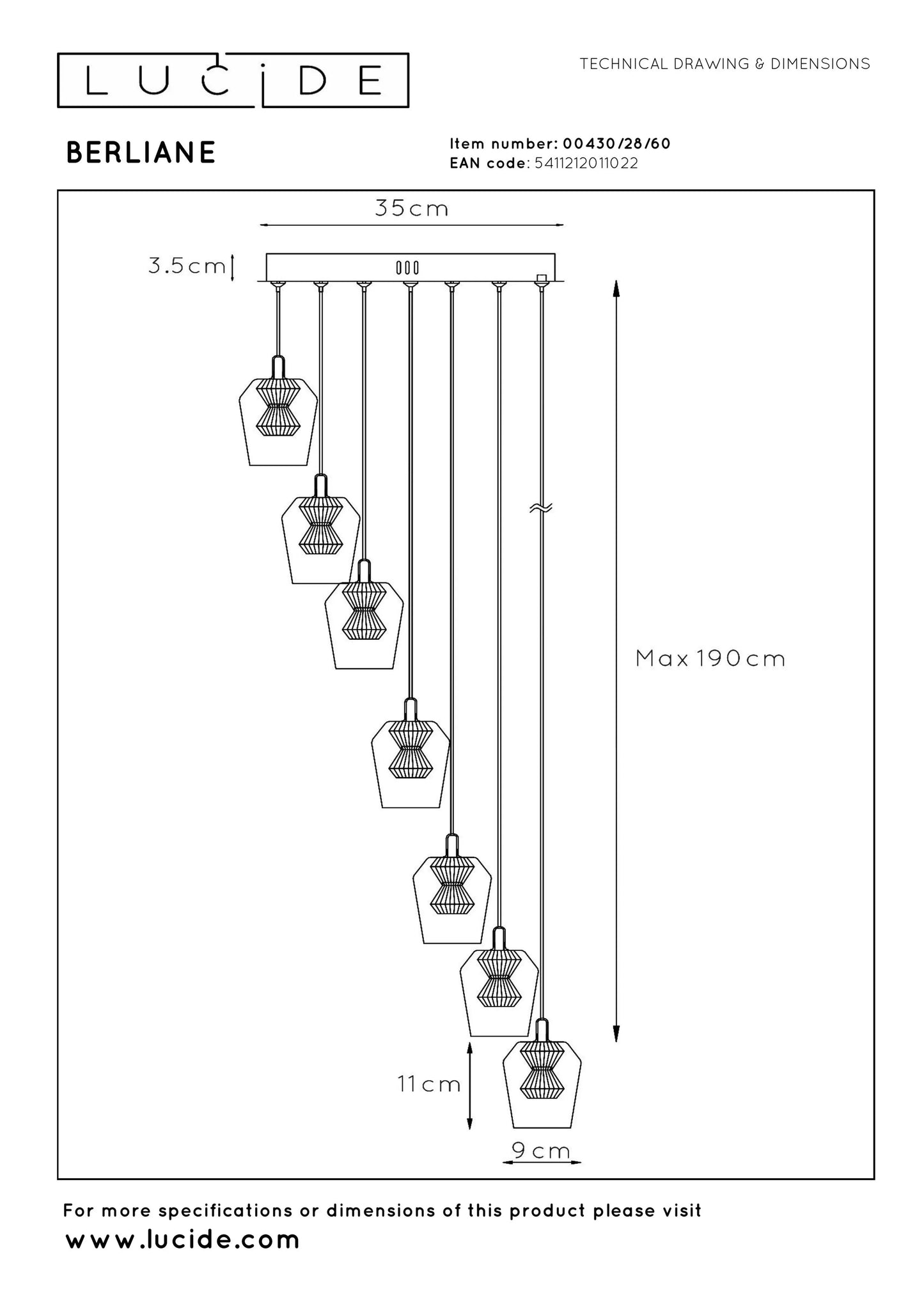 Lucide BERLIANE - Pendant light - Ø 39 cm - LED Dim. - 7x4W 2700K - With replaceable LED module - Transparant | Essential