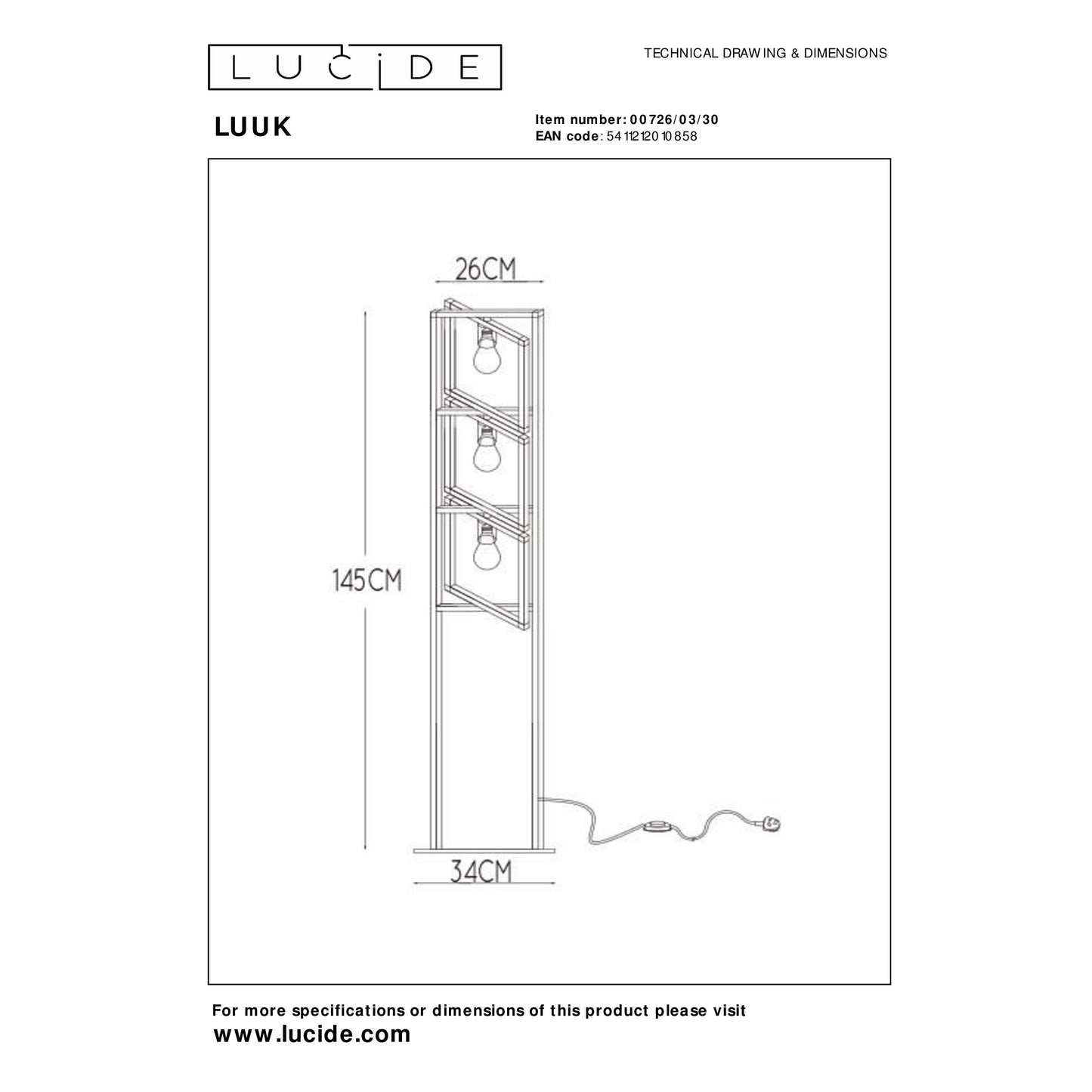Lucide LUUK - Floor lamp - 3xE27 - Black