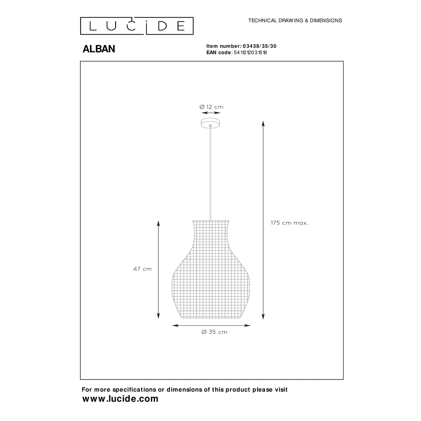 Lucide ALBAN - Pendant light - Ø 35 cm - 1xE27 - Black