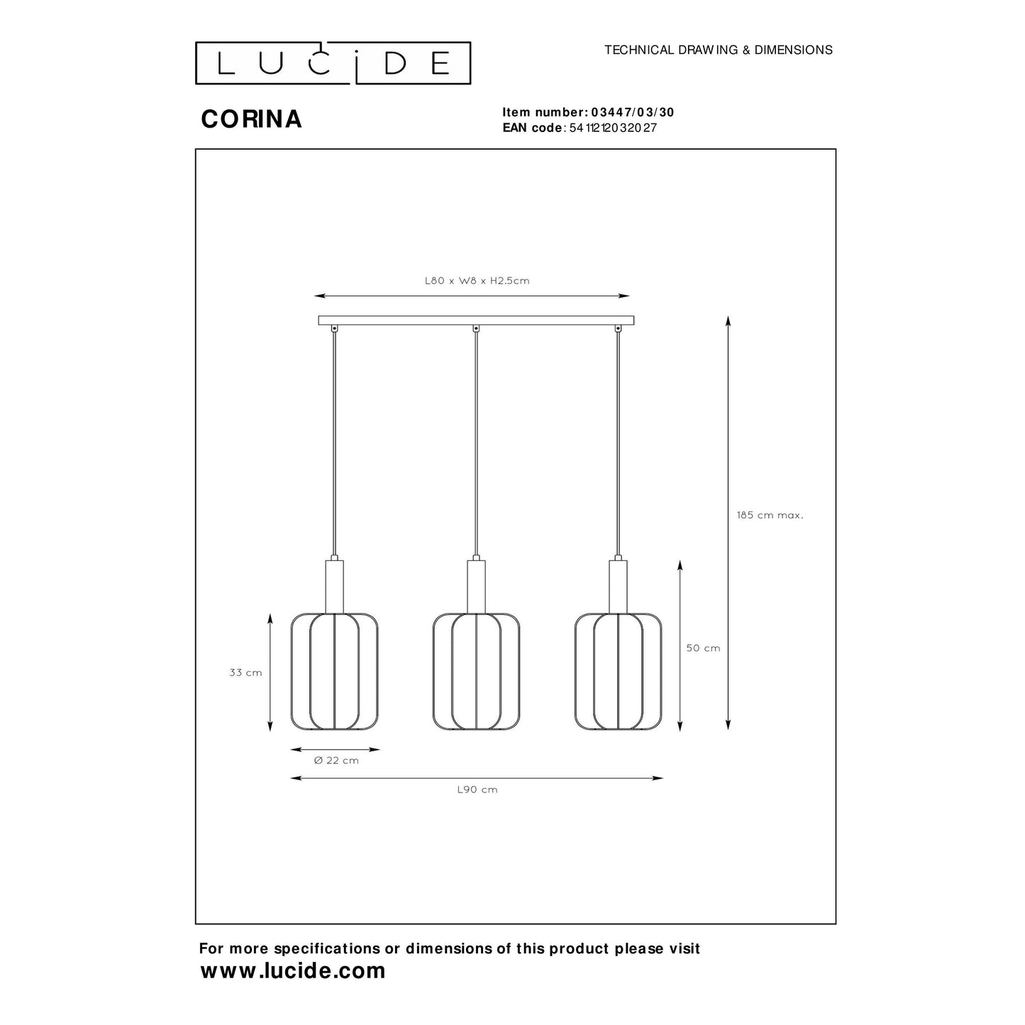 Lucide CORINA - Pendant light - 3xE27 - Black