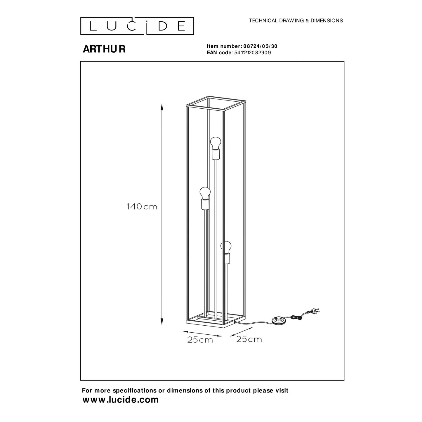 Lucide ARTHUR - Floor lamp - 3xE27 - Black