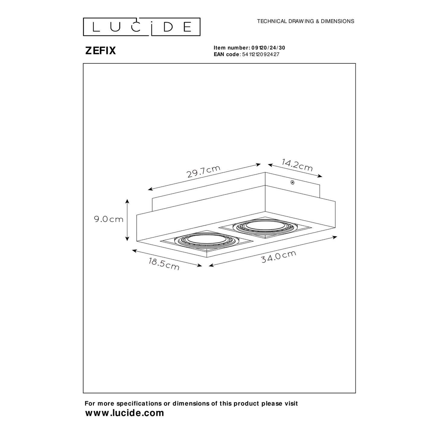 Lucide ZEFIX - Ceiling spotlight - LED Dim to warm - GU10 (ES111) - 2x12W 2200K/3000K - Black