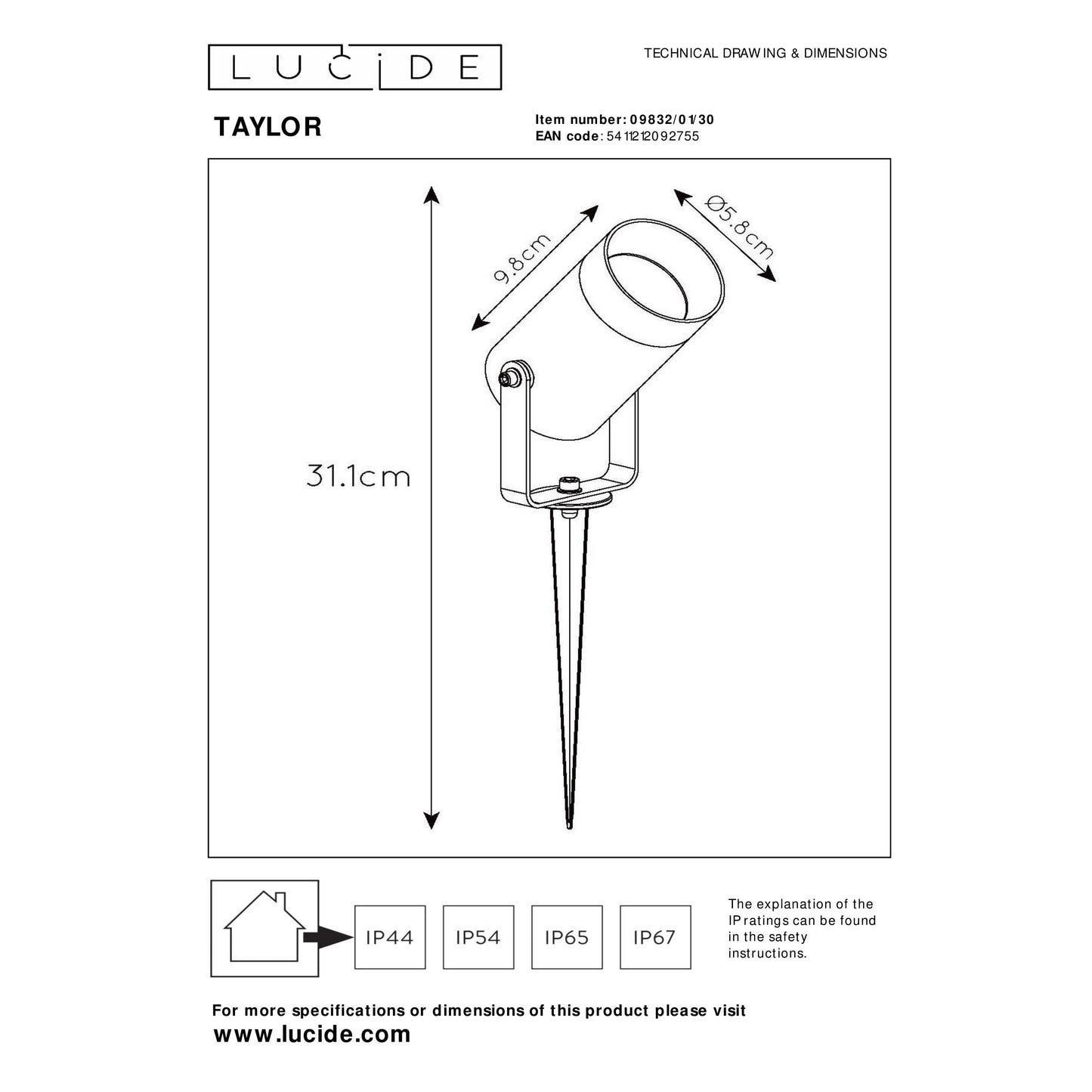 Lucide TAYLOR - Garden spotlight - Ø 10 cm - 1xGU10 - IP65 - Black