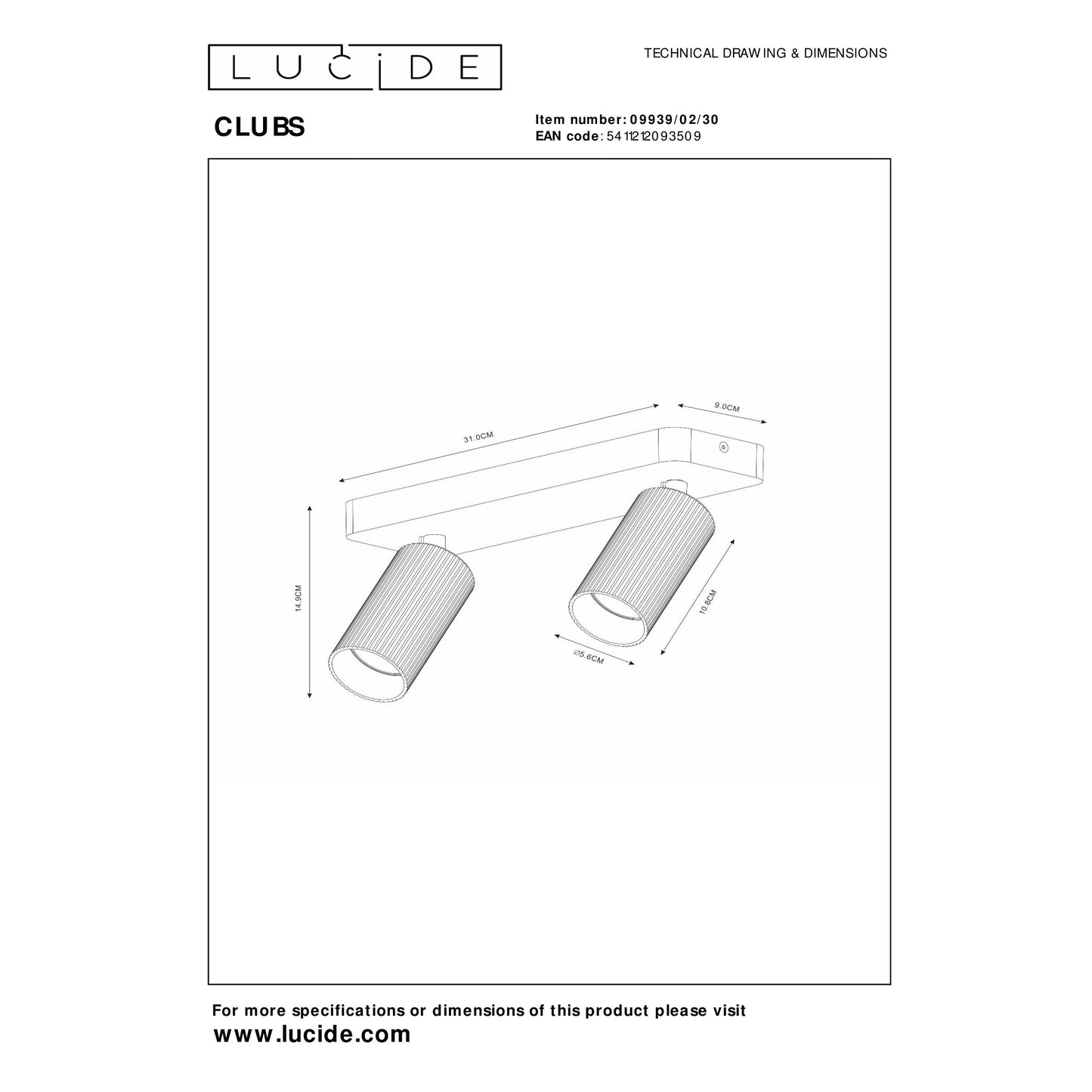 Lucide CLUBS - Ceiling spotlight - 2xGU10 - Black