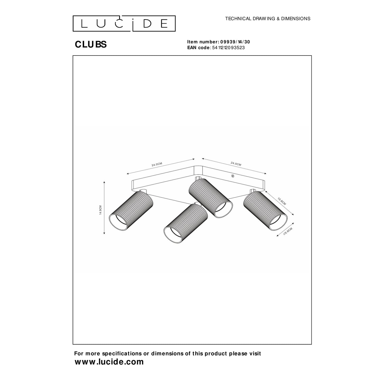 Lucide CLUBS - Ceiling spotlight - 4xGU10 - Black