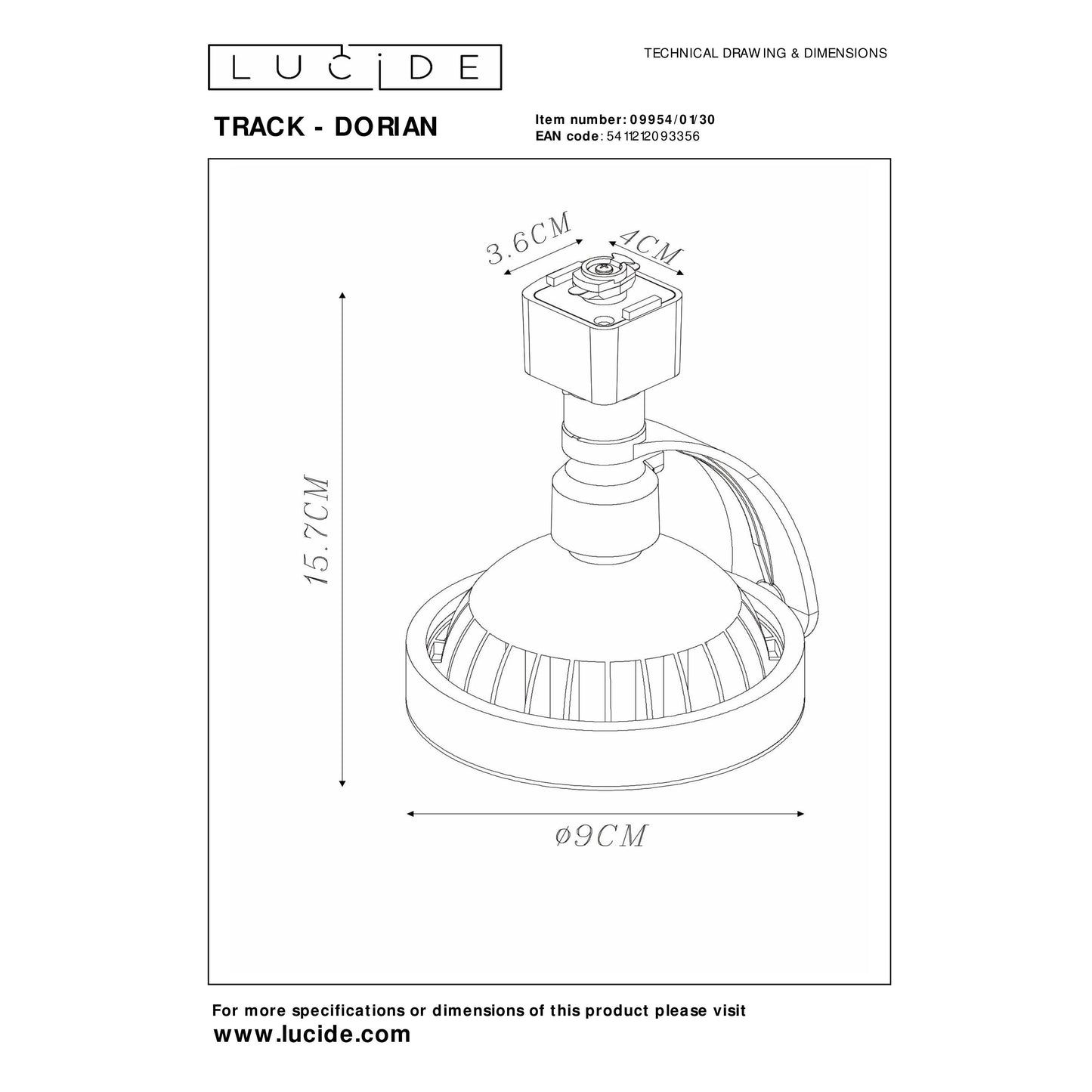Lucide TRACK DORIAN Track spot - 1-circuit Track lighting system - 1xES111 - Black (Extension)