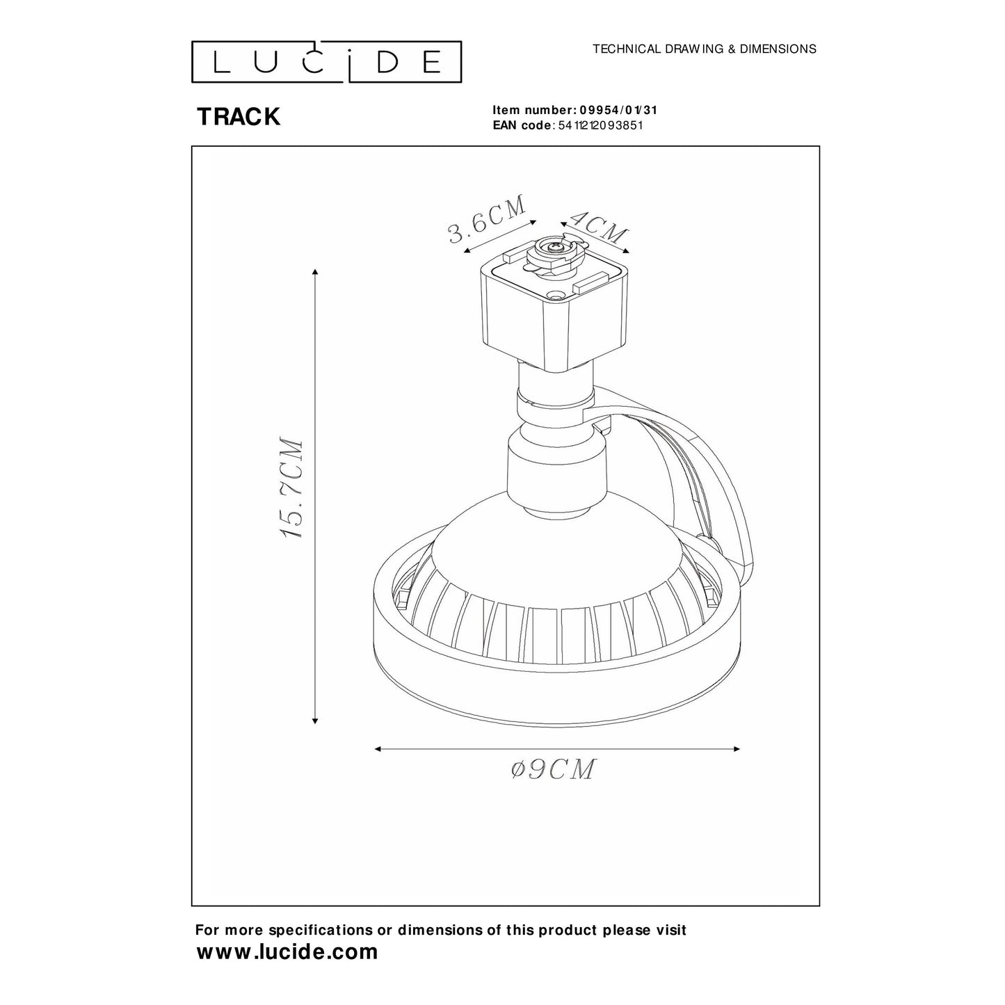 Lucide TRACK DORIAN Track spot - 1-circuit Track lighting system - 1xES111 - White (Extension)