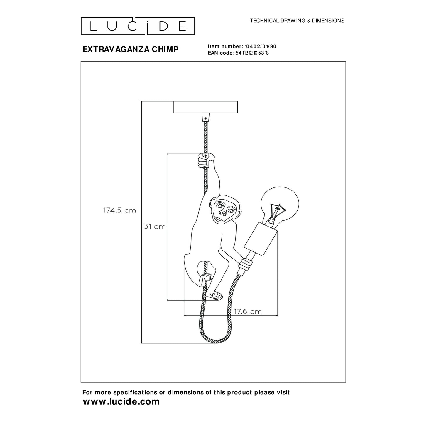 Lucide EXTRAVAGANZA CHIMP - Pendant light - Ø 17,6 cm - 1xE27 - Black