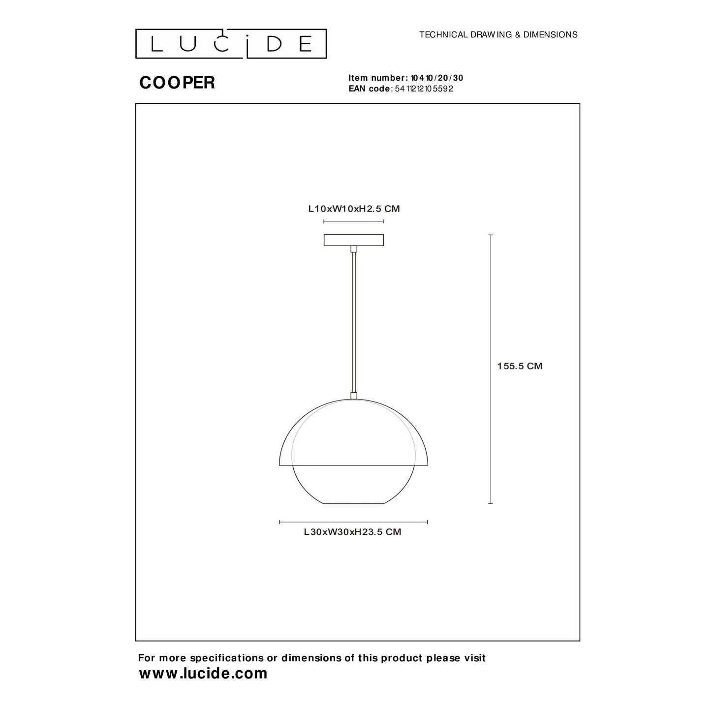 Lucide COOPER - Pendant light - Ø 30 cm - 1xE27 - Black