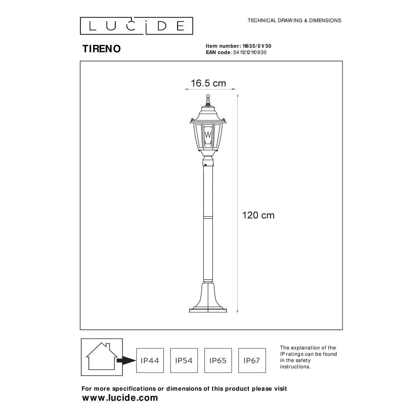 Lucide TIRENO - Lamp post - 1xE27 - IP44 - Black