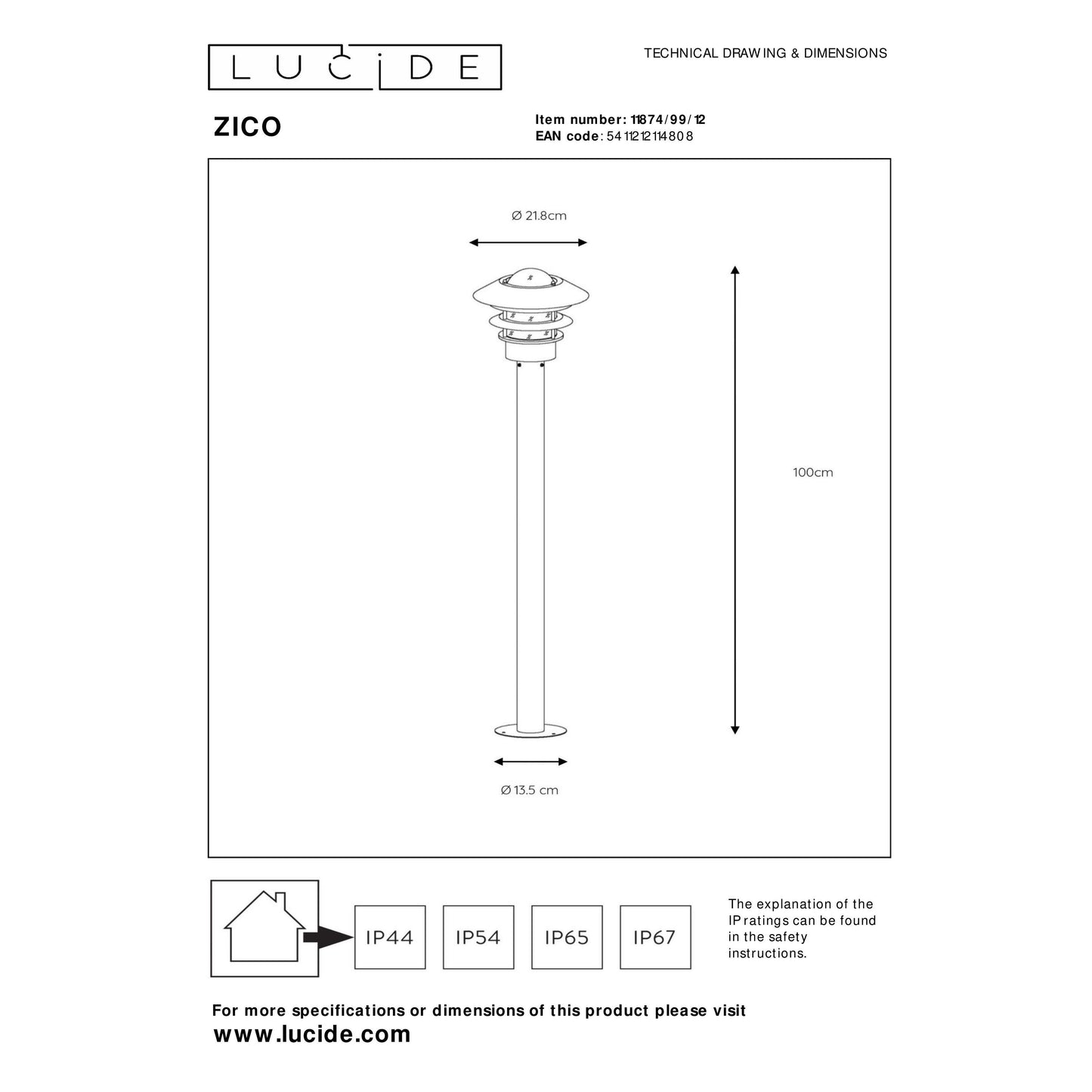 Lucide ZICO - Lamp post - Ø 21,8 cm - 1xE27 - IP44 - Satin Chrome