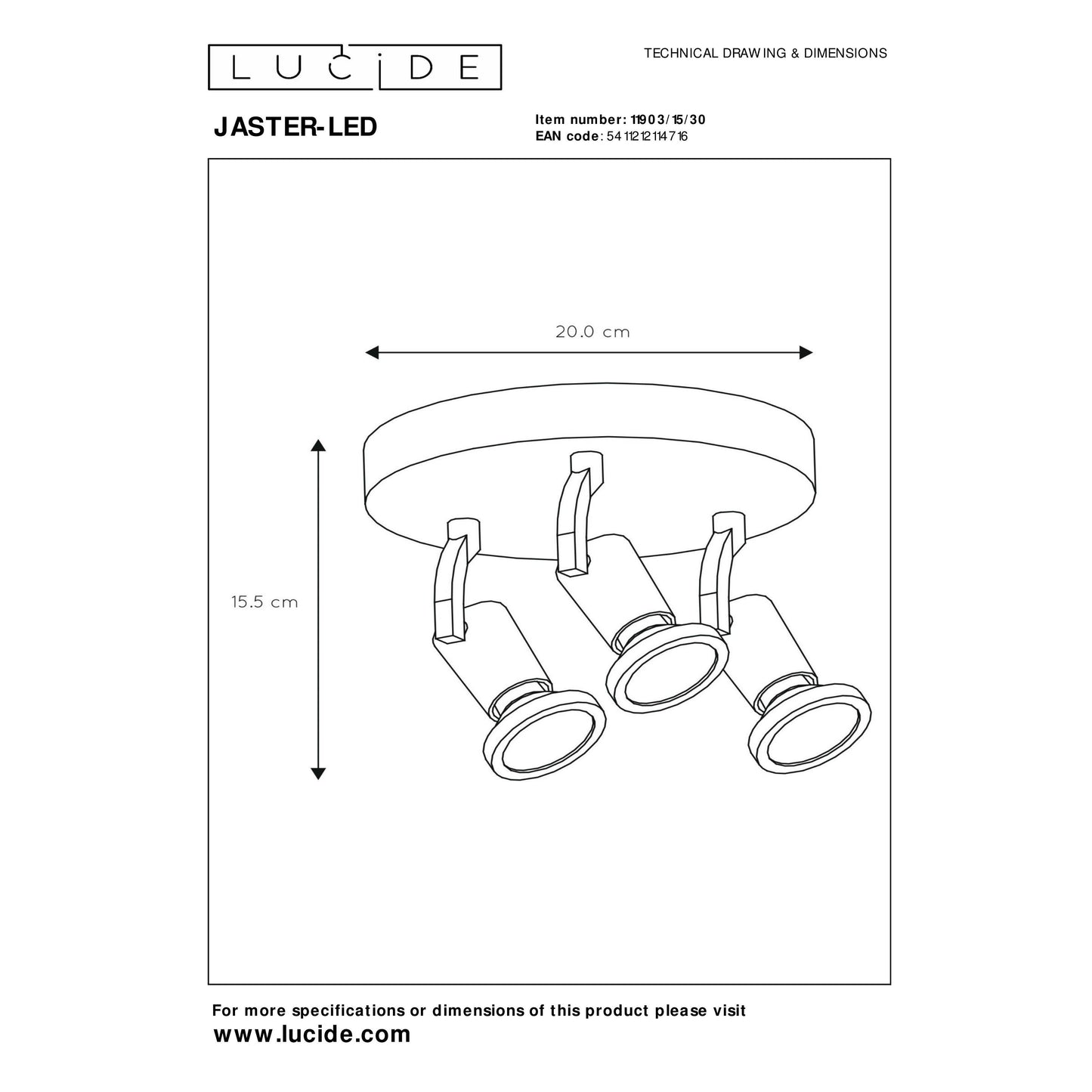Lucide JASTER-LED - Ceiling spotlight - Ø 20 cm - LED - GU10 - 3x5W 2700K - Black