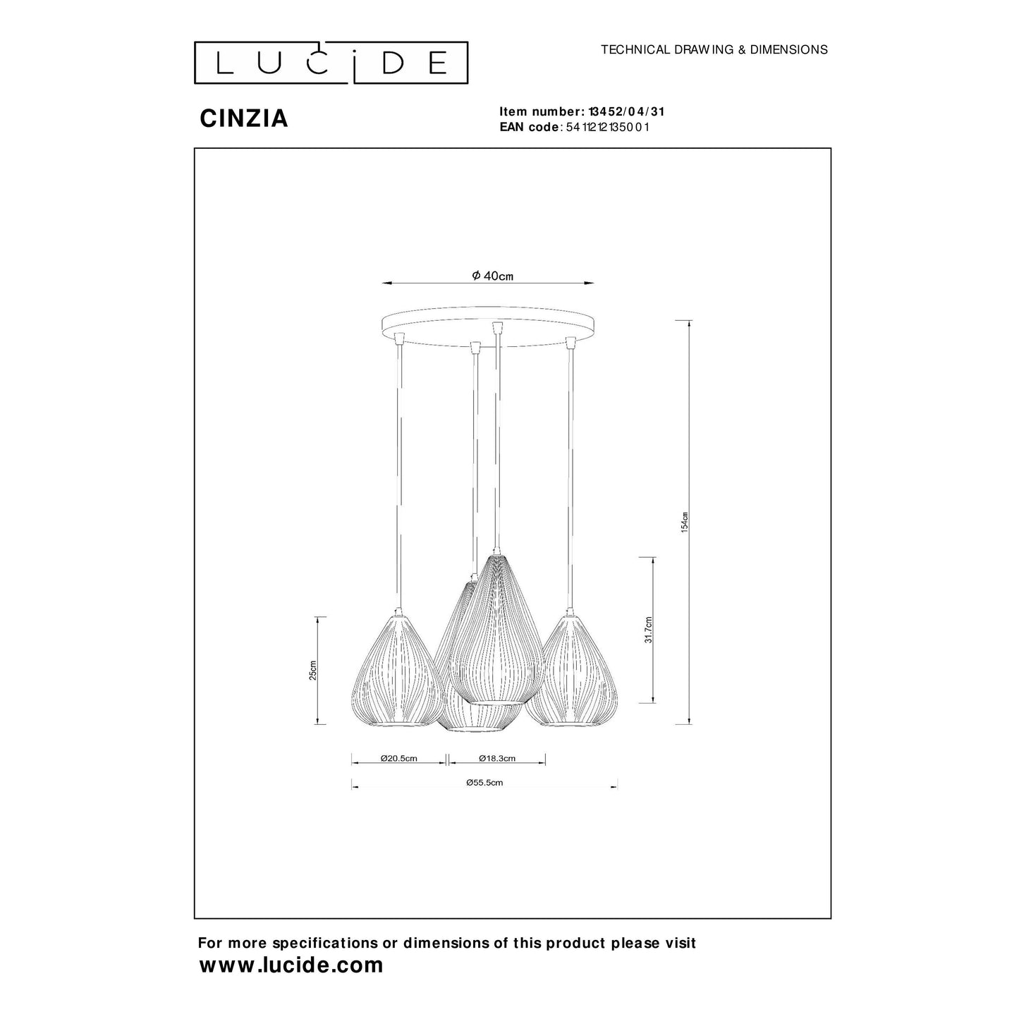 Lucide CINZIA - Pendant light - Ø 55,5 cm - 4xE27 - White