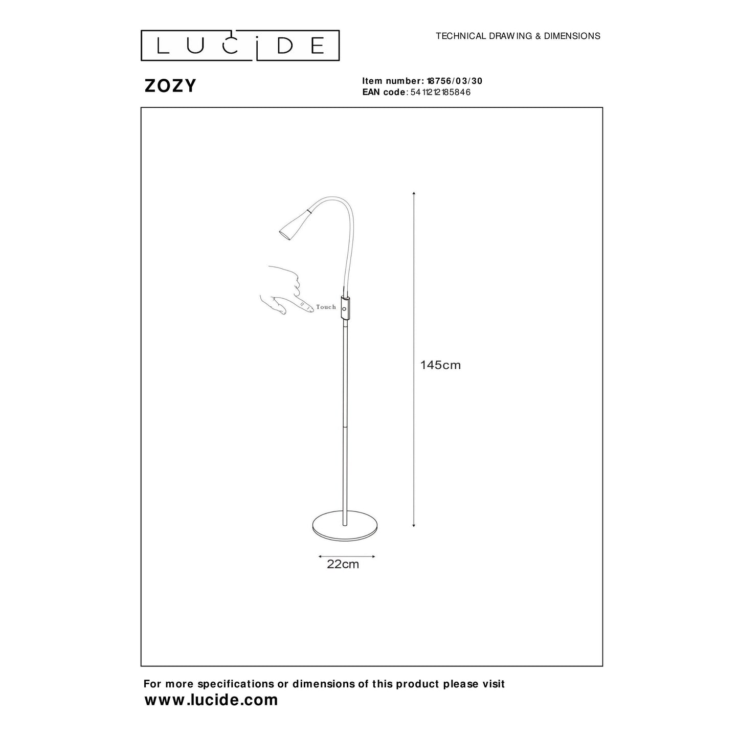 Lucide ZOZY - Floor reading lamp - LED Dim. - 1x4W 3000K - 3 StepDim - Black