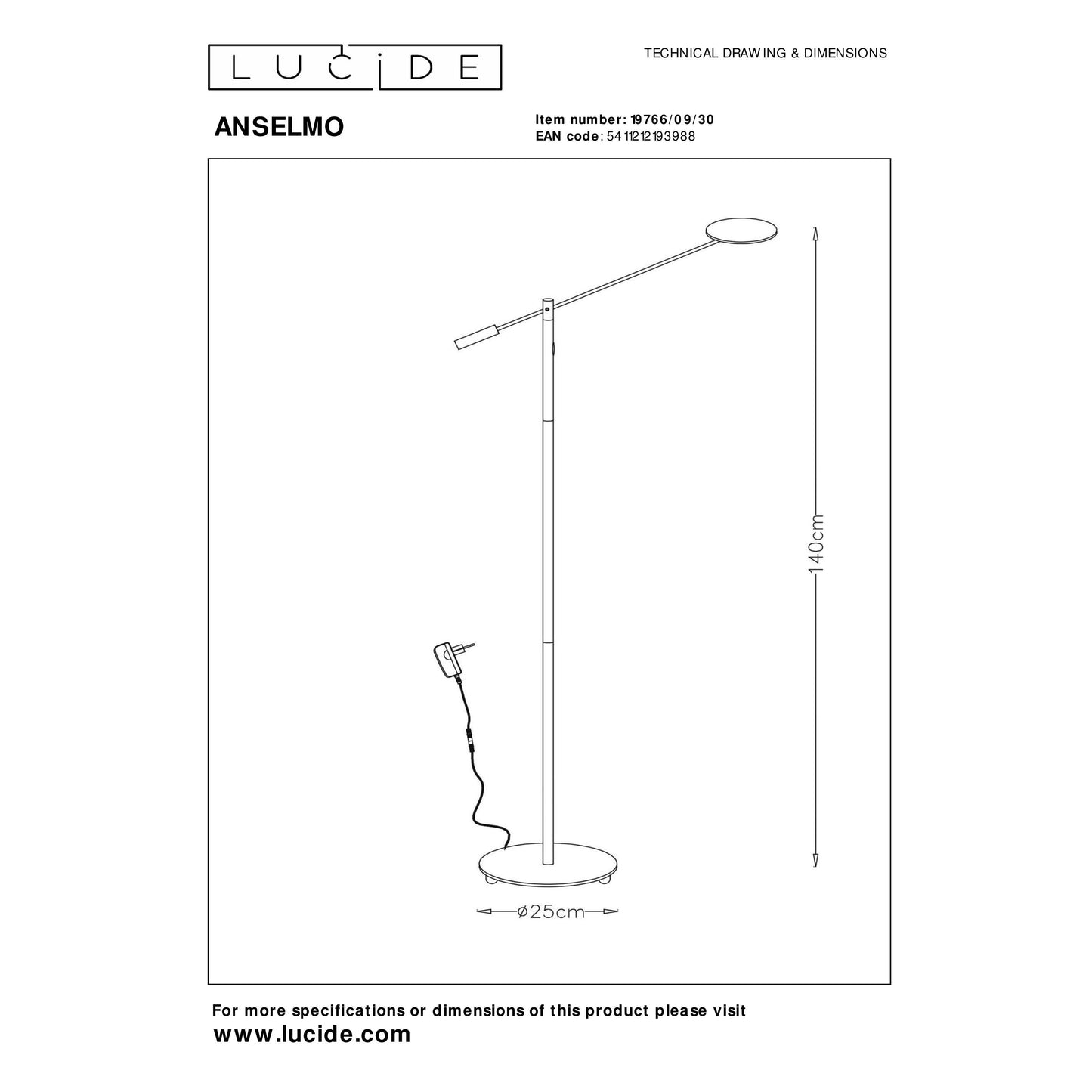 Lucide ANSELMO - Floor reading lamp - Ø 25 cm - LED Dim. - 1x9W 3000K - Black