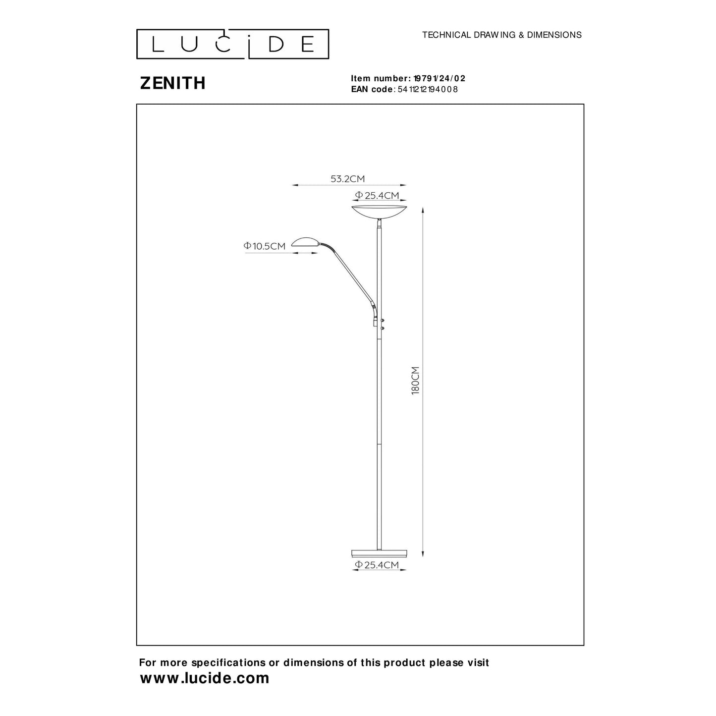 Lucide ZENITH - Floor reading lamp - LED Dim. - 3000K - Matt Gold / Brass