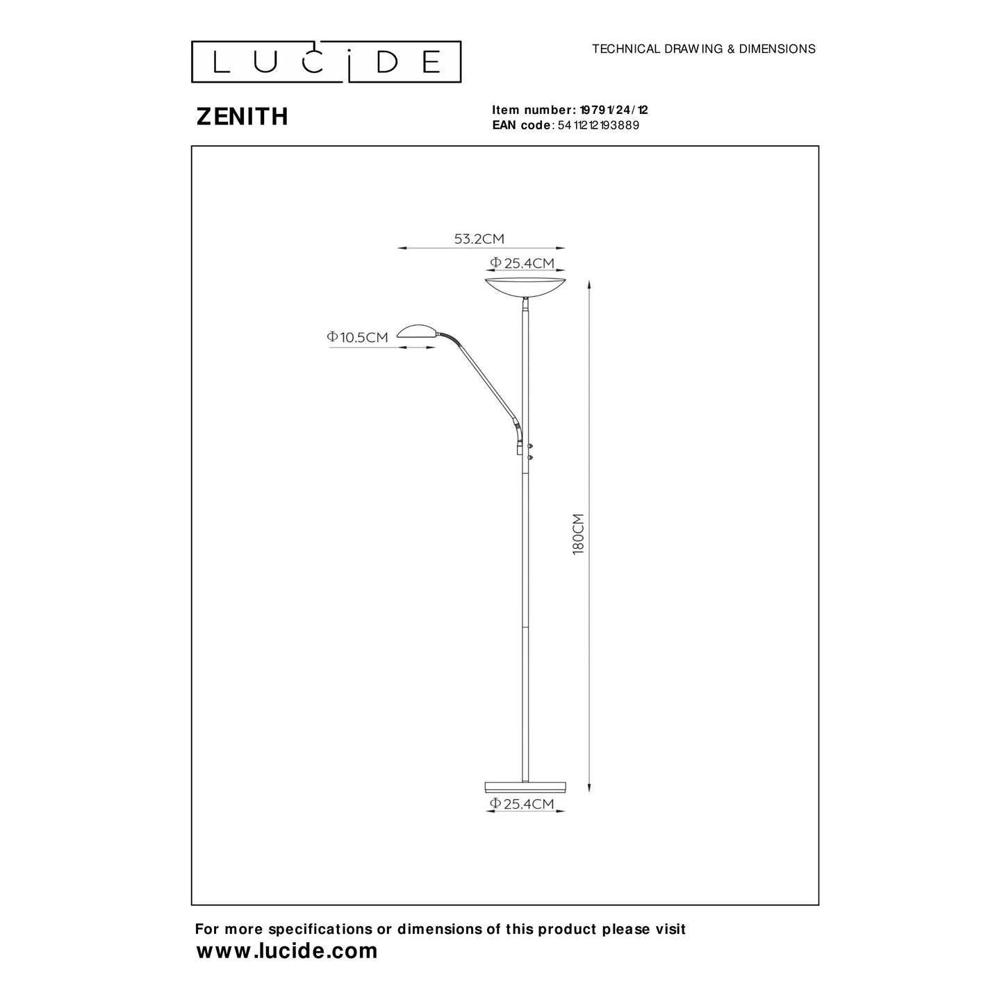 Lucide ZENITH - Floor reading lamp - LED Dim. - 3000K - Satin Chrome