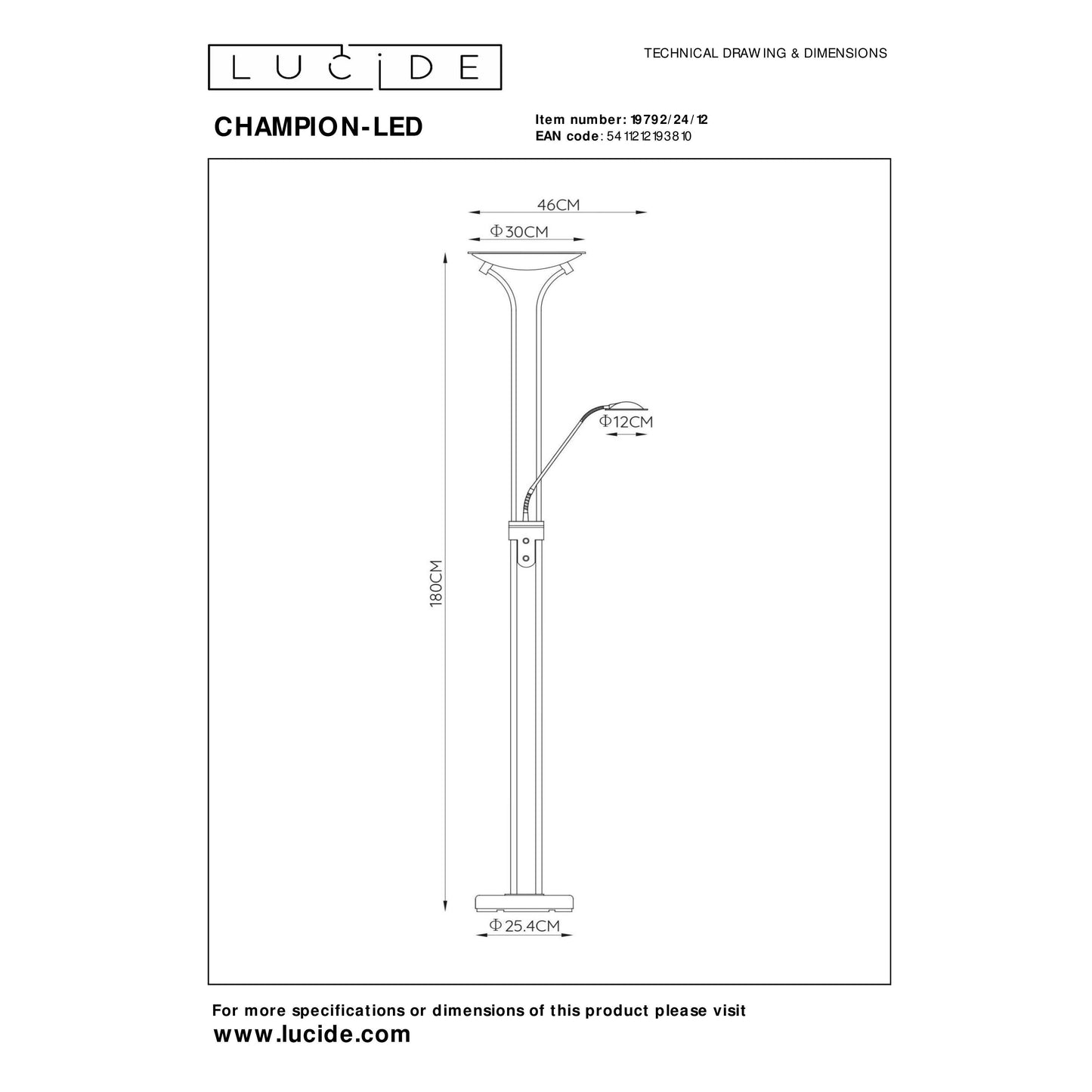 Lucide CHAMPION-LED - Floor reading lamp - LED Dim. - 3000K - Satin Chrome