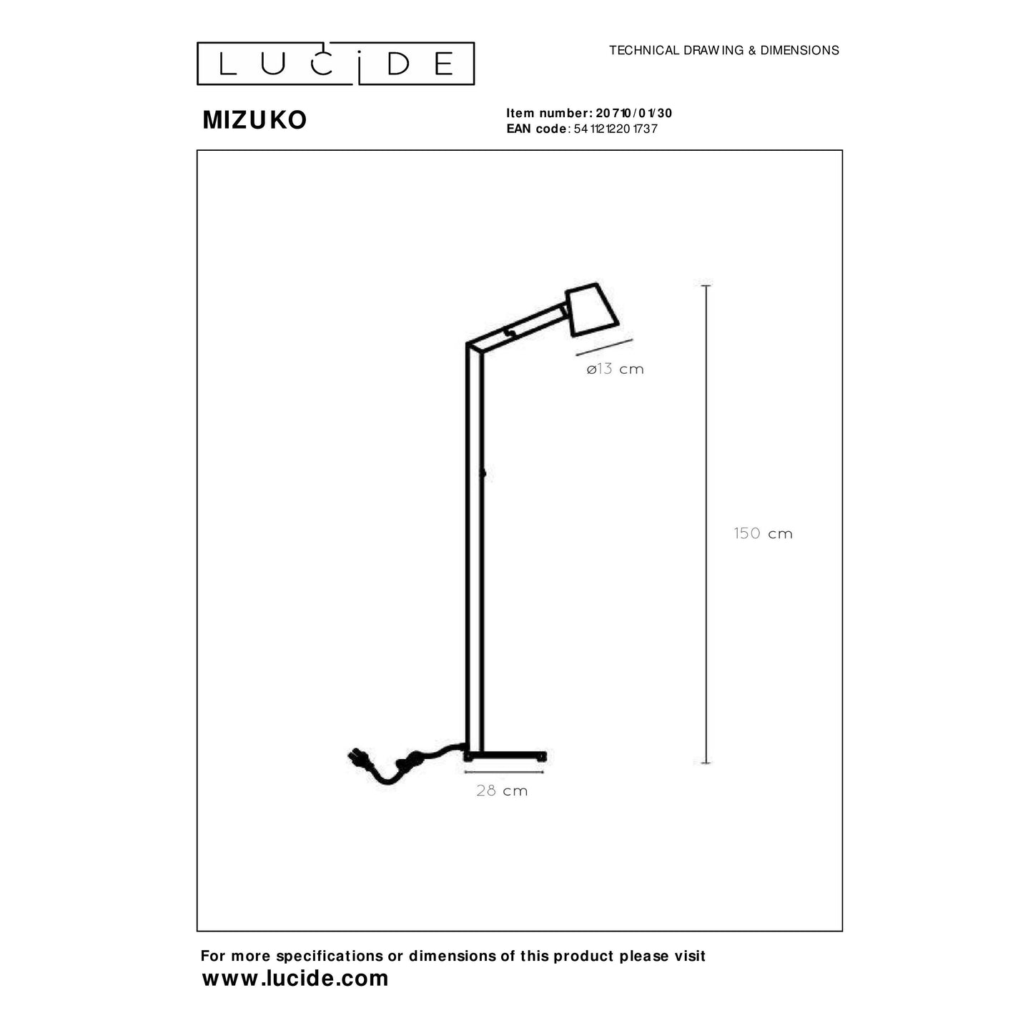 Lucide MIZUKO - Floor reading lamp - Ø 13 cm - 1xE14 - Black