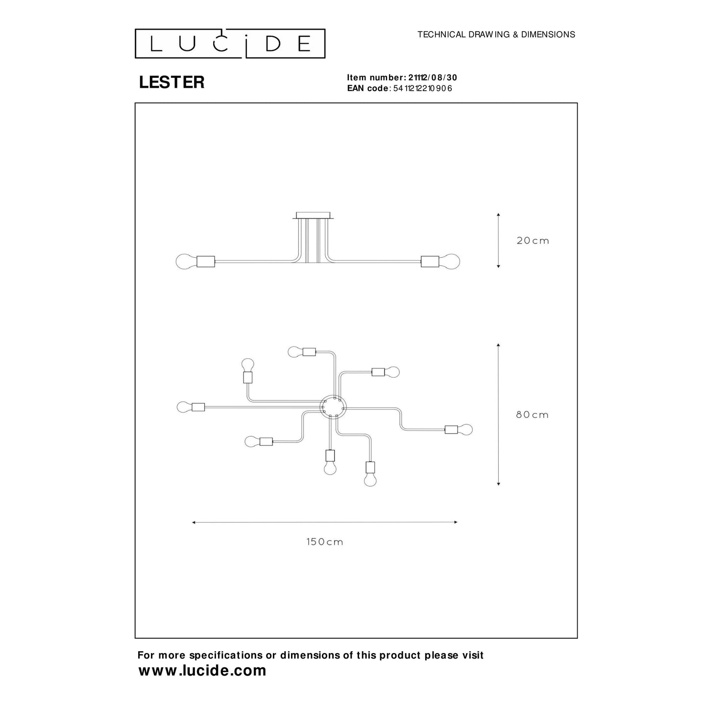 Lucide LESTER - Flush ceiling light - 8xE27 - Black