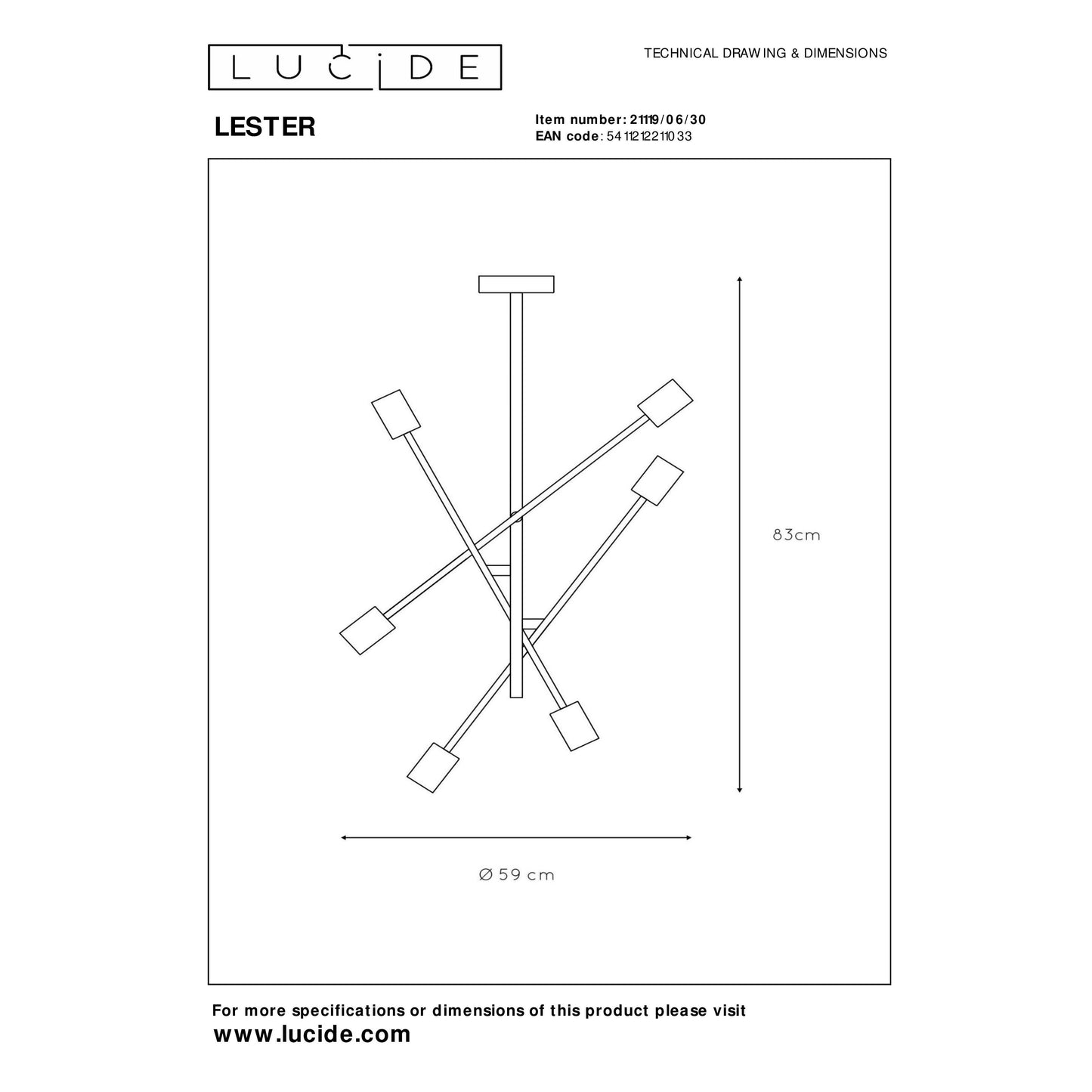 Lucide LESTER - Flush ceiling light - 6x E27 - Black