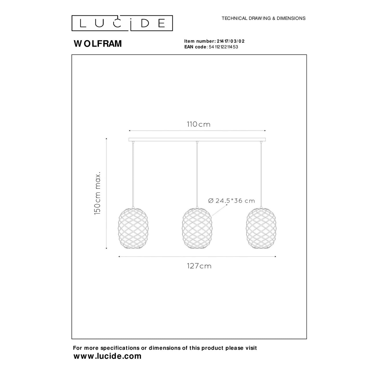 Lucide WOLFRAM - Pendant light - 3xE27 - Matt Gold / Brass