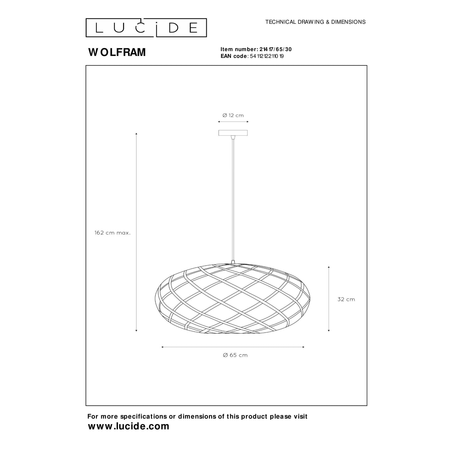 Lucide WOLFRAM - Pendant light - Ø 65 cm - 1xE27 - Black