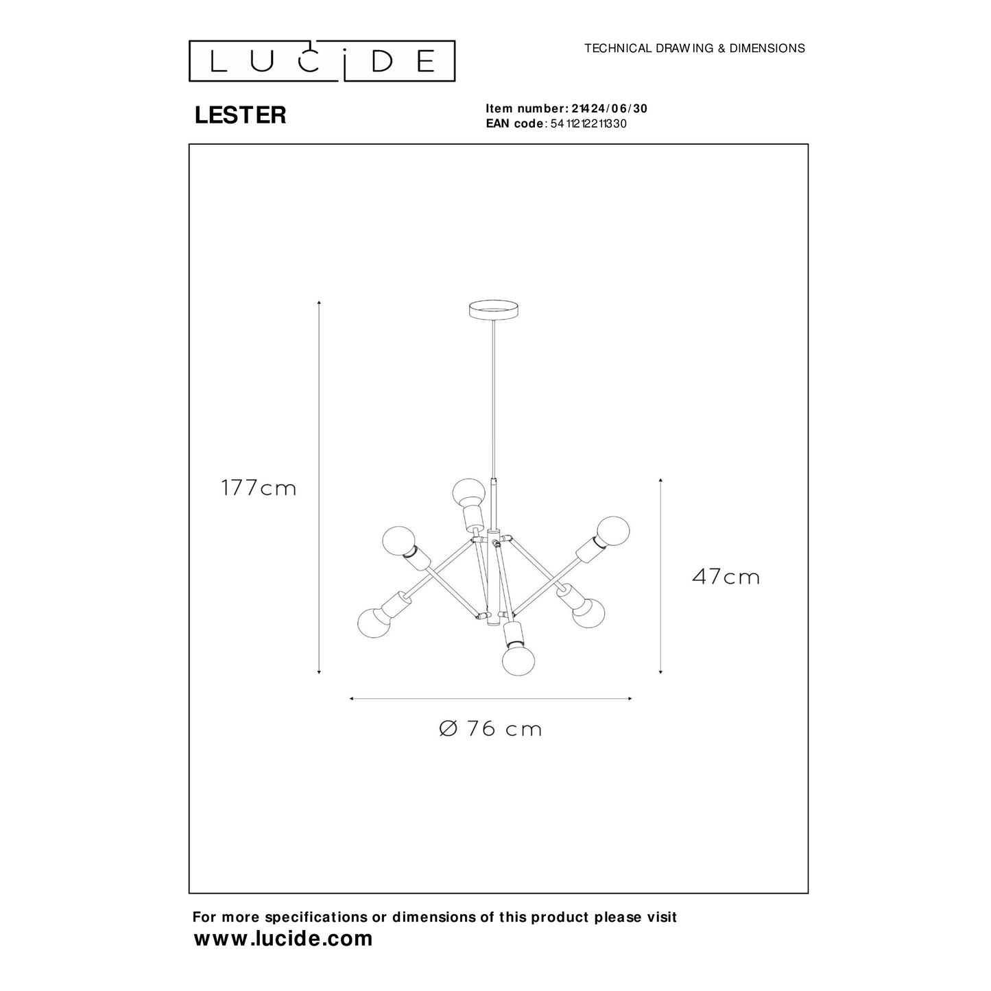 Lucide LESTER - Pendant light - 6xE27 - Black