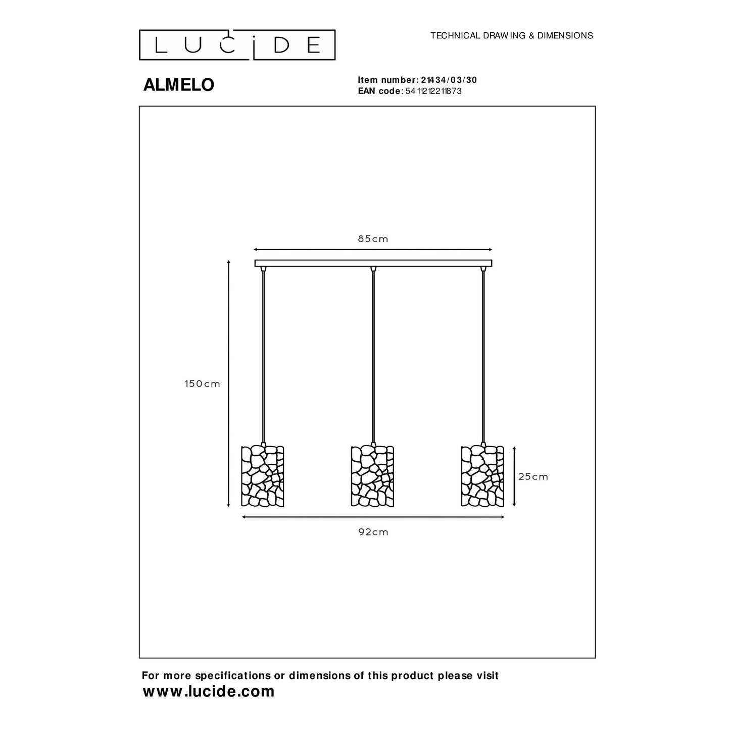Lucide ALMELO - Pendant light - 3xE27 - Black