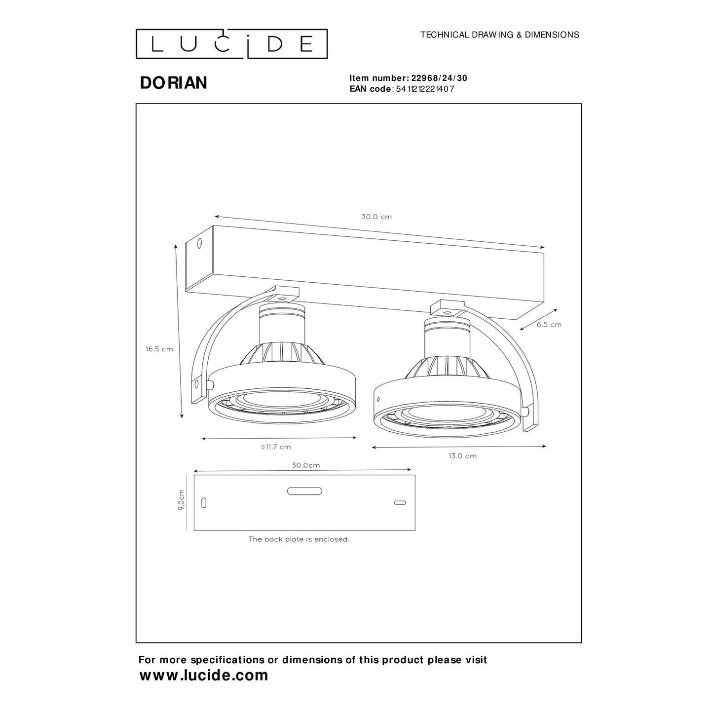 Lucide DORIAN - Ceiling spotlight - LED Dim to warm - GU10 (ES111) - 2x12W 2200K/3000K - Black