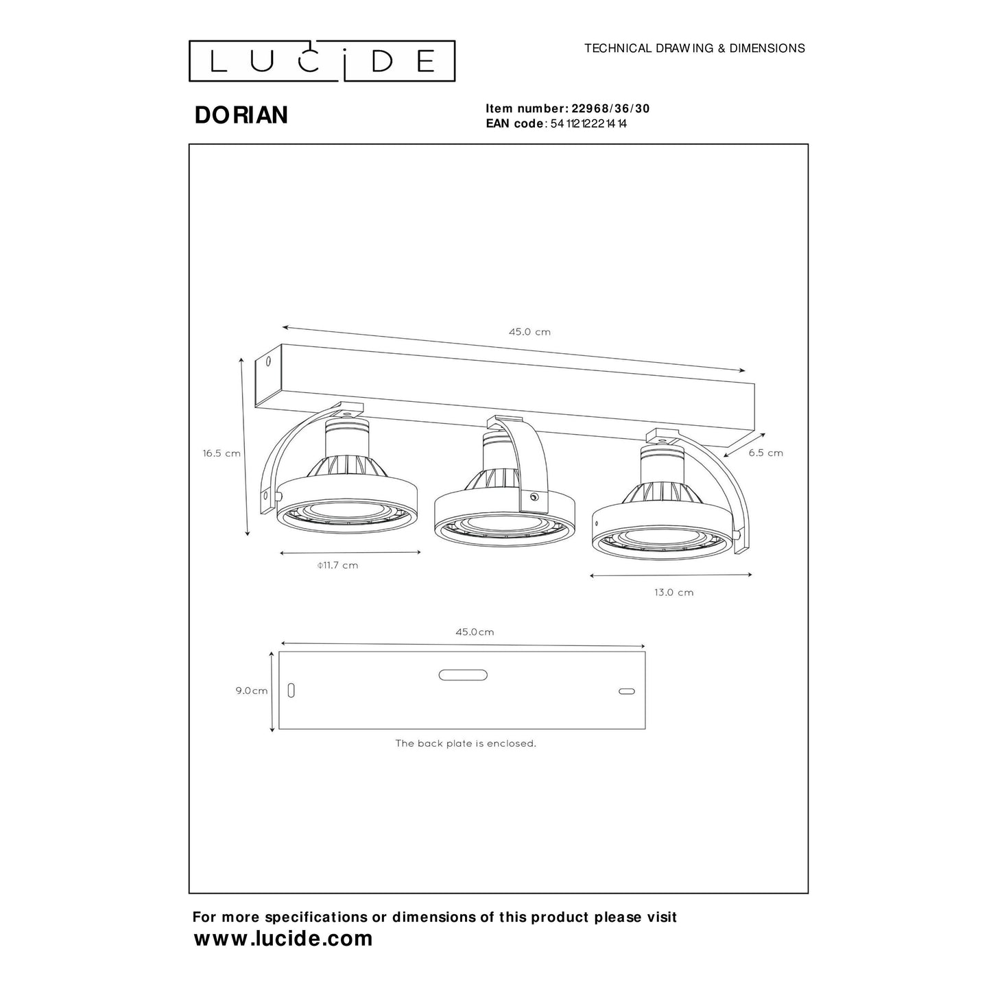 Lucide DORIAN - Ceiling spotlight - LED Dim to warm - GU10 (ES111) - 3x12W 2200K/3000K - Black