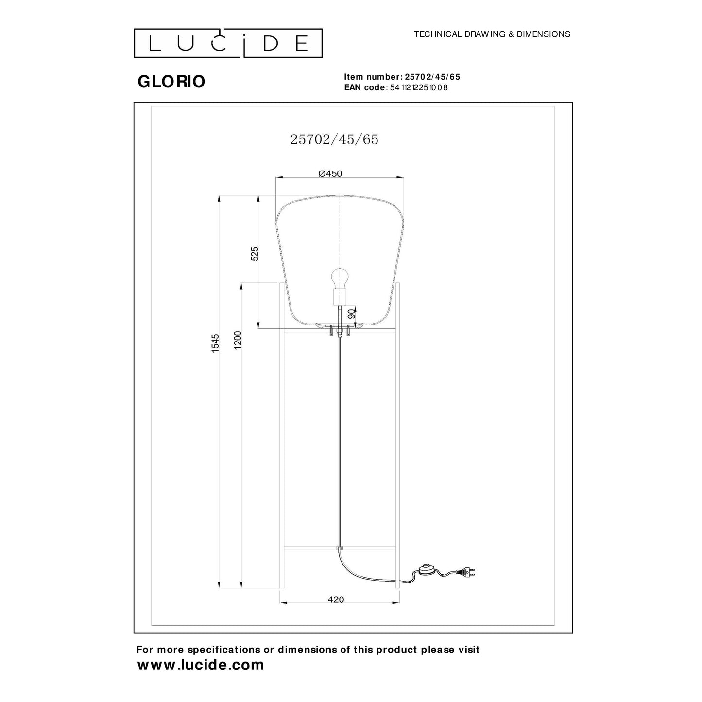 Lucide GLORIO - Floor lamp - Ø 45 cm - 1xE27 - Black