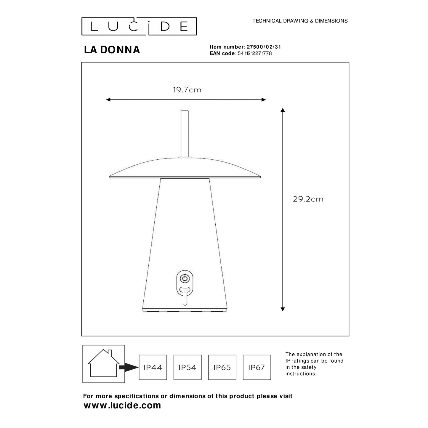 Lucide LA DONNA - Rechargeable Table lamp Indoor/Outdoor - Battery pack/batteries - Ø 19,7 cm - LED Dim. - 1x2W 2700K - IP54 - 3 StepDim - White