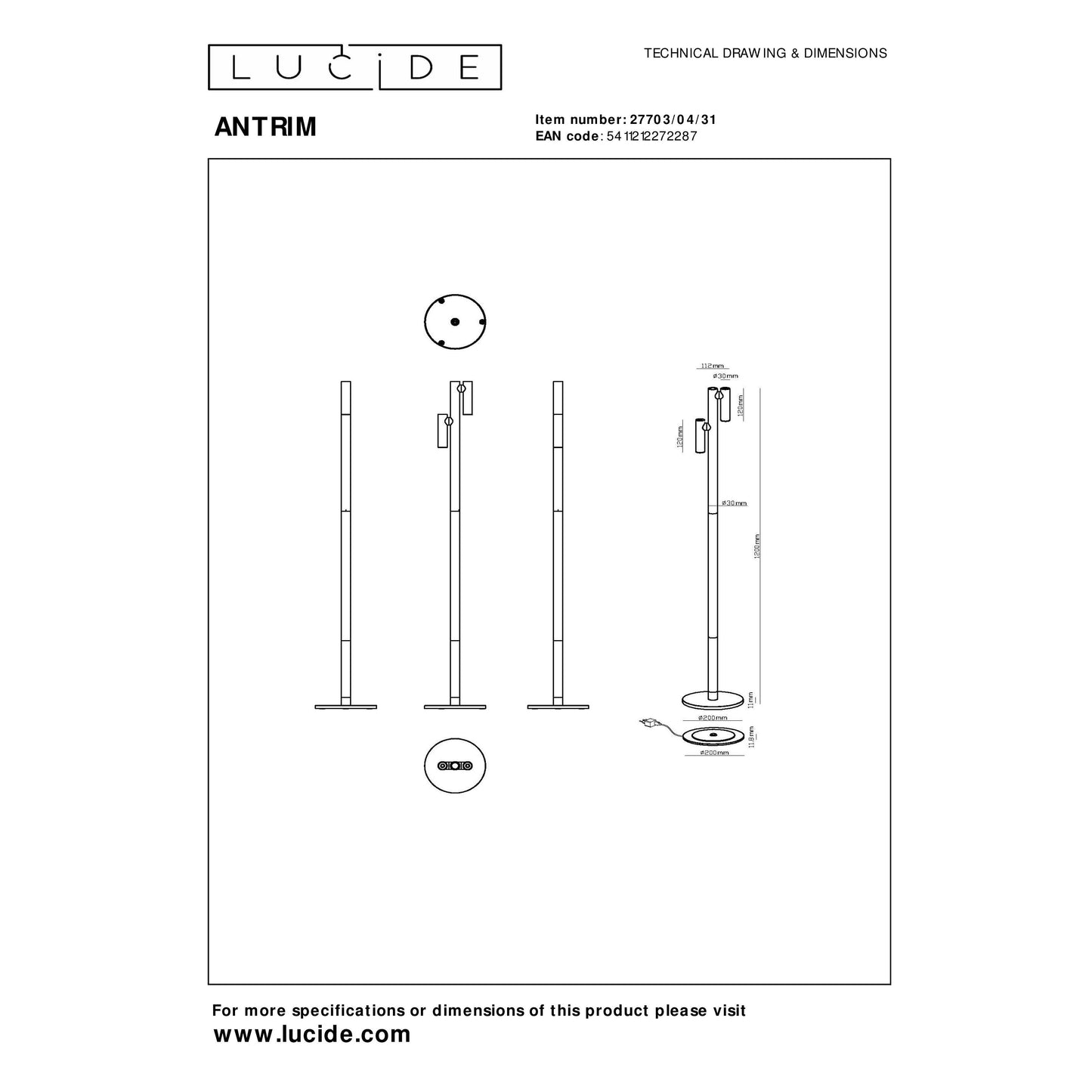 Lucide ANTRIM - Rechargeable Floor reading lamp Indoor/Outdoor - Battery pack/batteries - LED Dim. - 2x2,2W 2700K - IP54 - With wireless charging pad - White