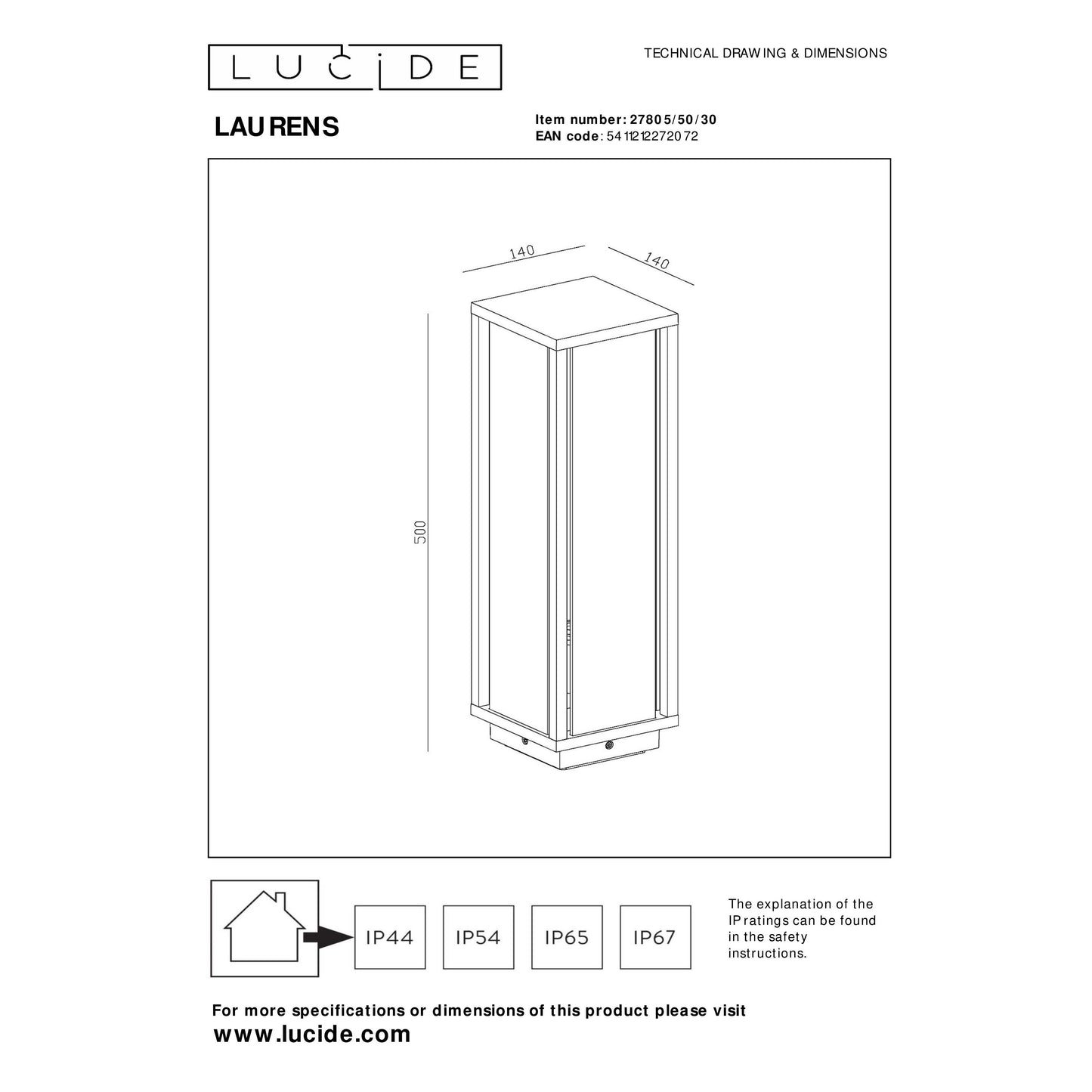 Lucide LAURENS - Bollard light - 1xE27 - IP54 - Black