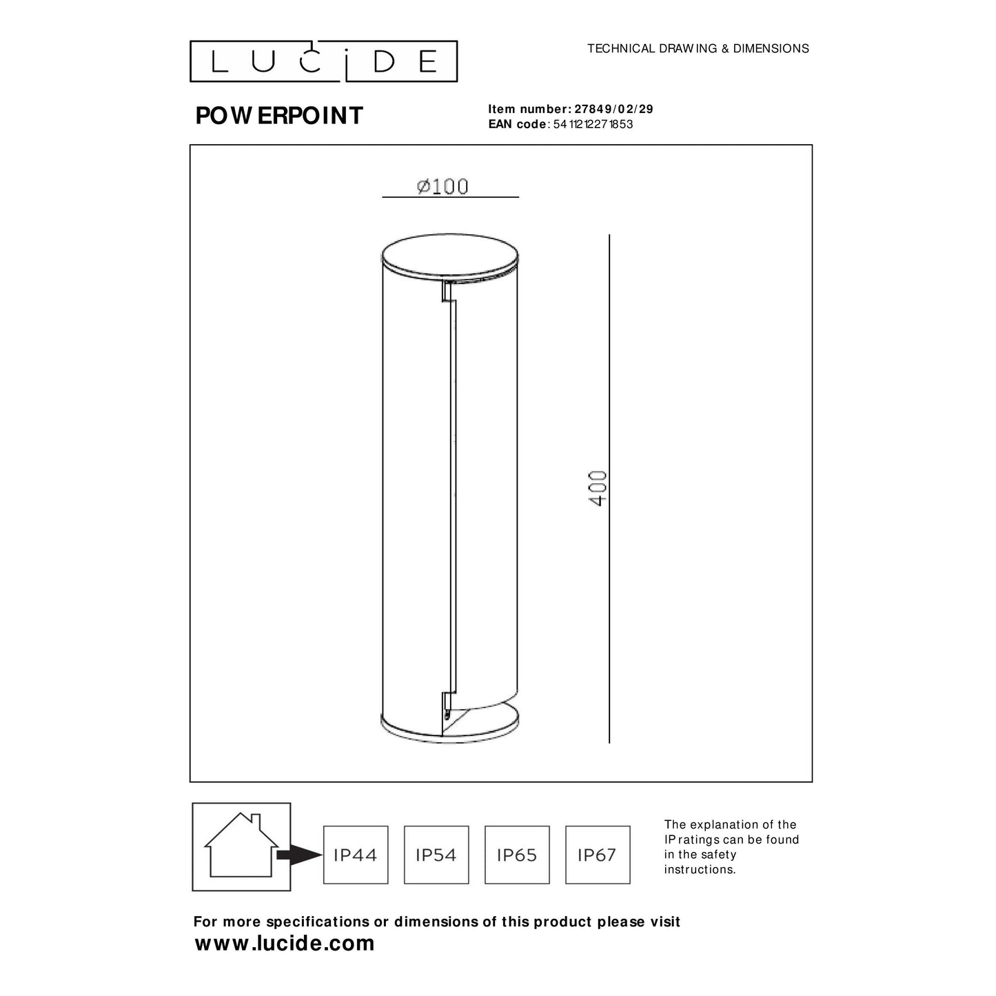 Lucide POWERPOINT - Outdoor socket column - Sockets with pin earth - Type E - FR, BE, POL, SVK & CZE standard - Ø 10 cm - IP44 - Anthracite