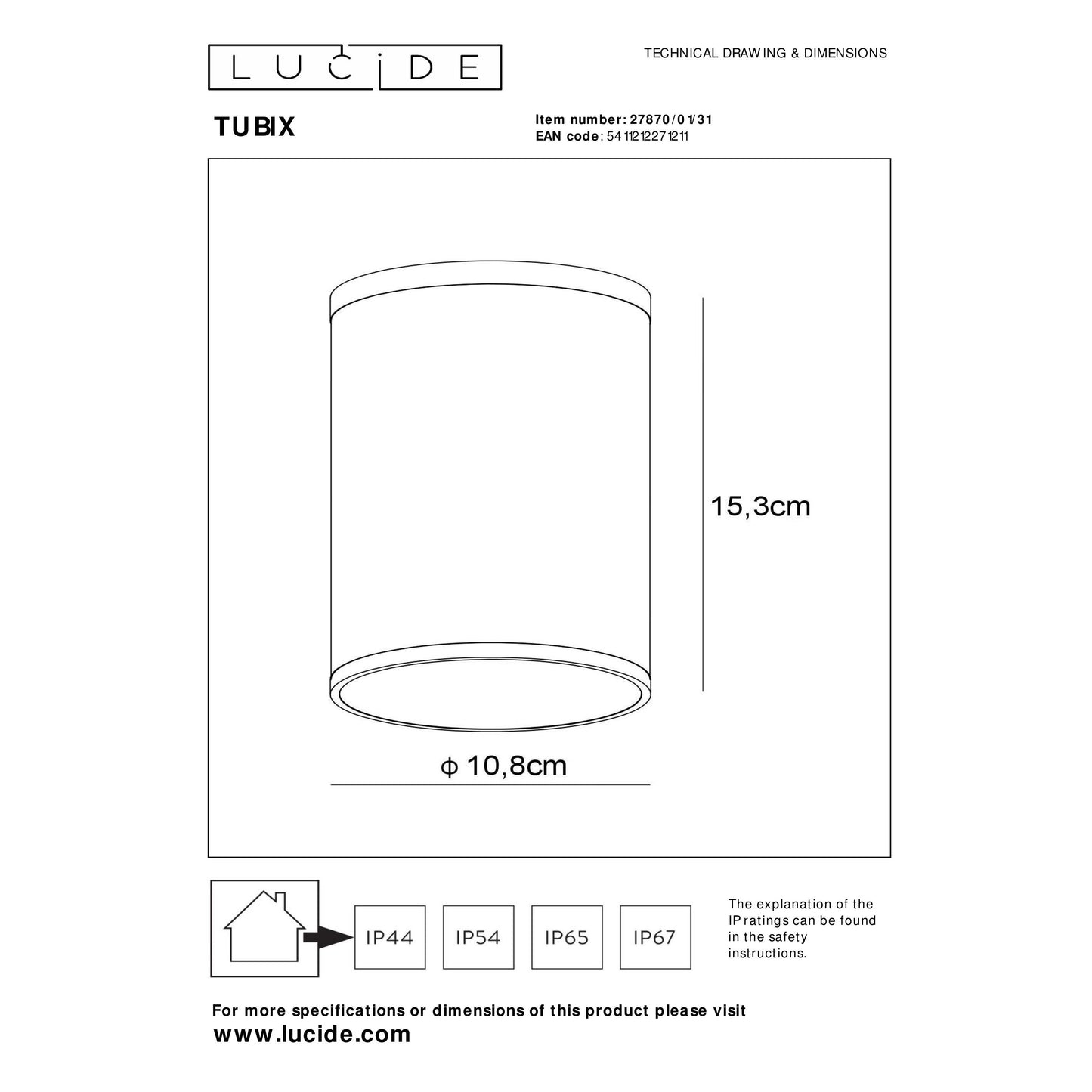Lucide TUBIX - Ceiling spotlight Indoor/Outdoor - Ø 10,8 cm - 1xE27 - IP54 - White