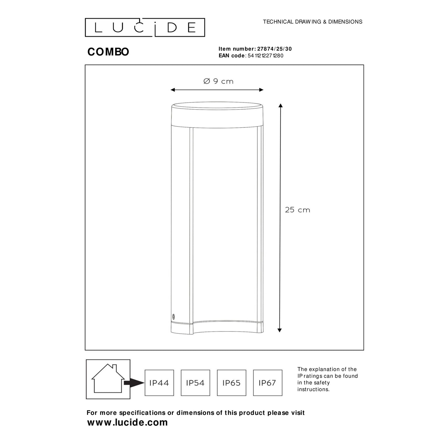 Lucide COMBO - Bollard light - Ø 9 cm - LED - 1x 9W 3000K - IP54 - Black