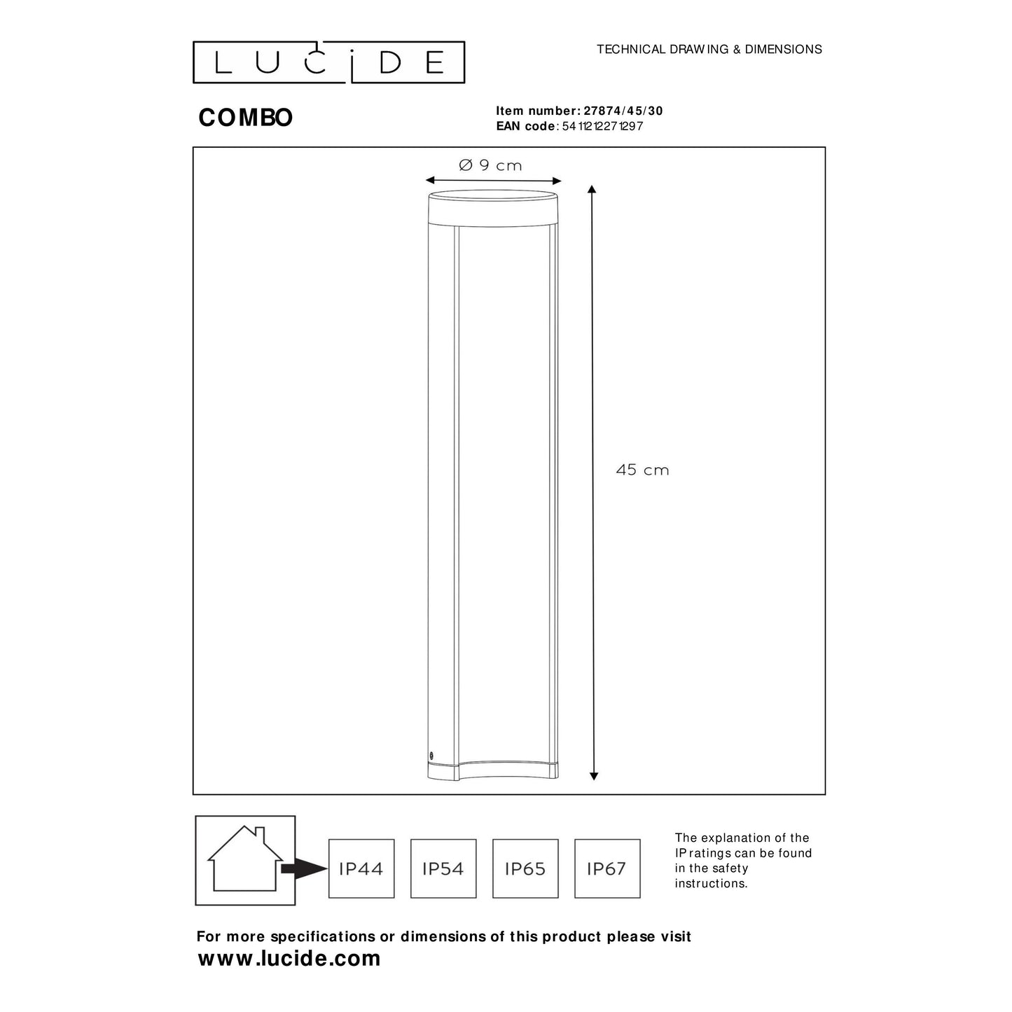 Lucide COMBO - Bollard light - Ø 9 cm - LED - 1x9W 3000K - IP54 - Black