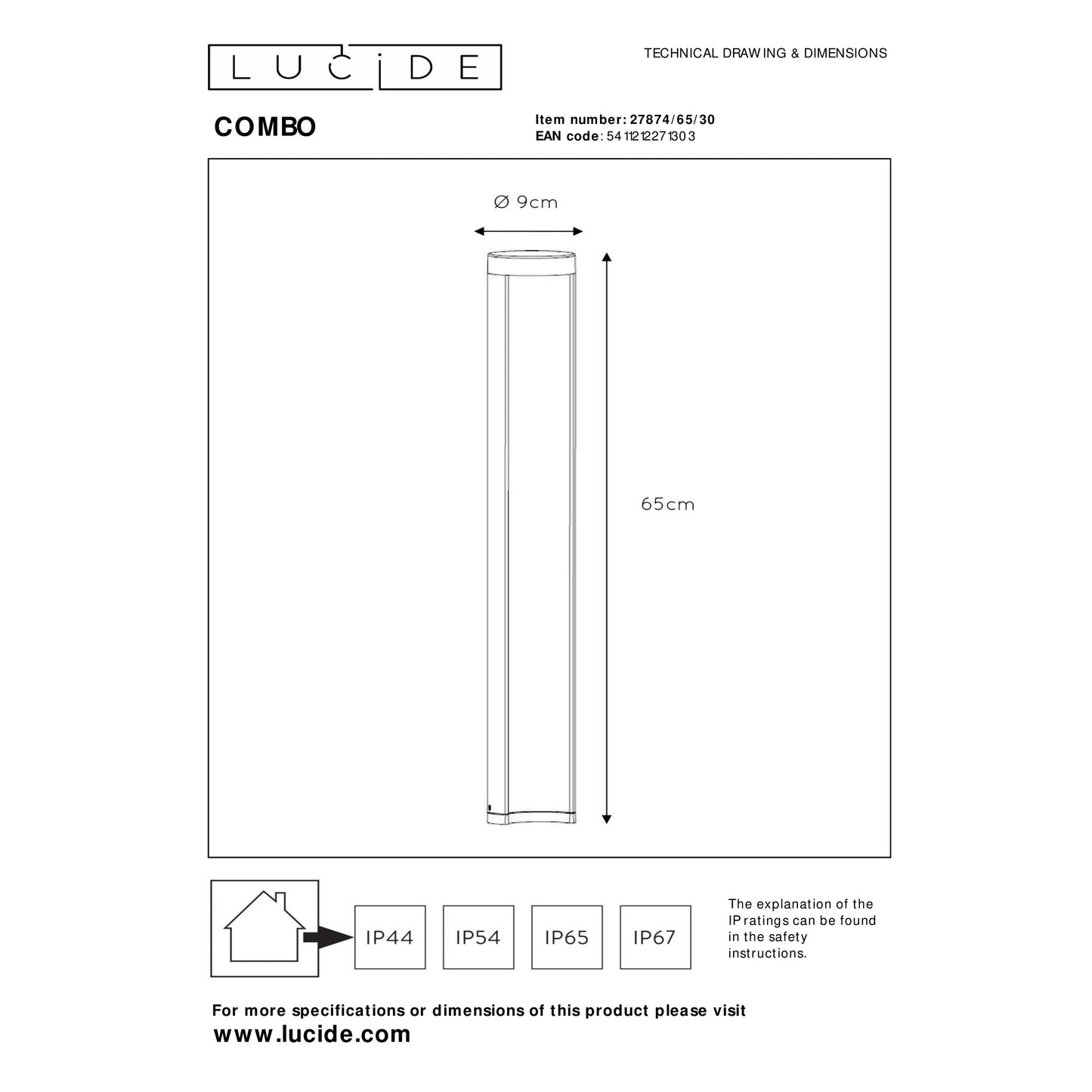 Lucide COMBO - Bollard light - Ø 9 cm - LED - 1x 9W 3000K - IP54 Black