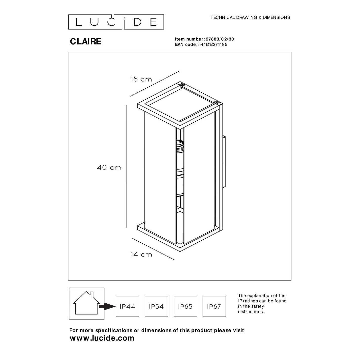 Lucide CLAIRE - Wall light Indoor/Outdoor - 2xE27 - IP54 - Anthracite