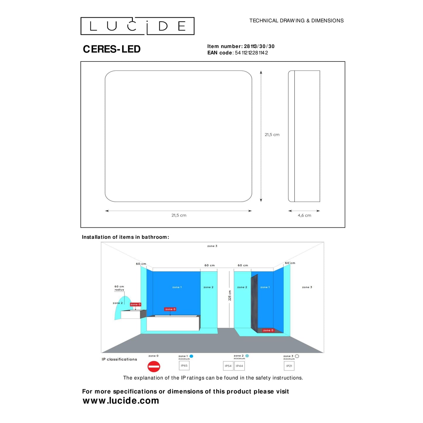 Lucide CERES-LED - Flush ceiling light Bathroom - LED Dim. - 1x30W 3000K - IP44 - Black