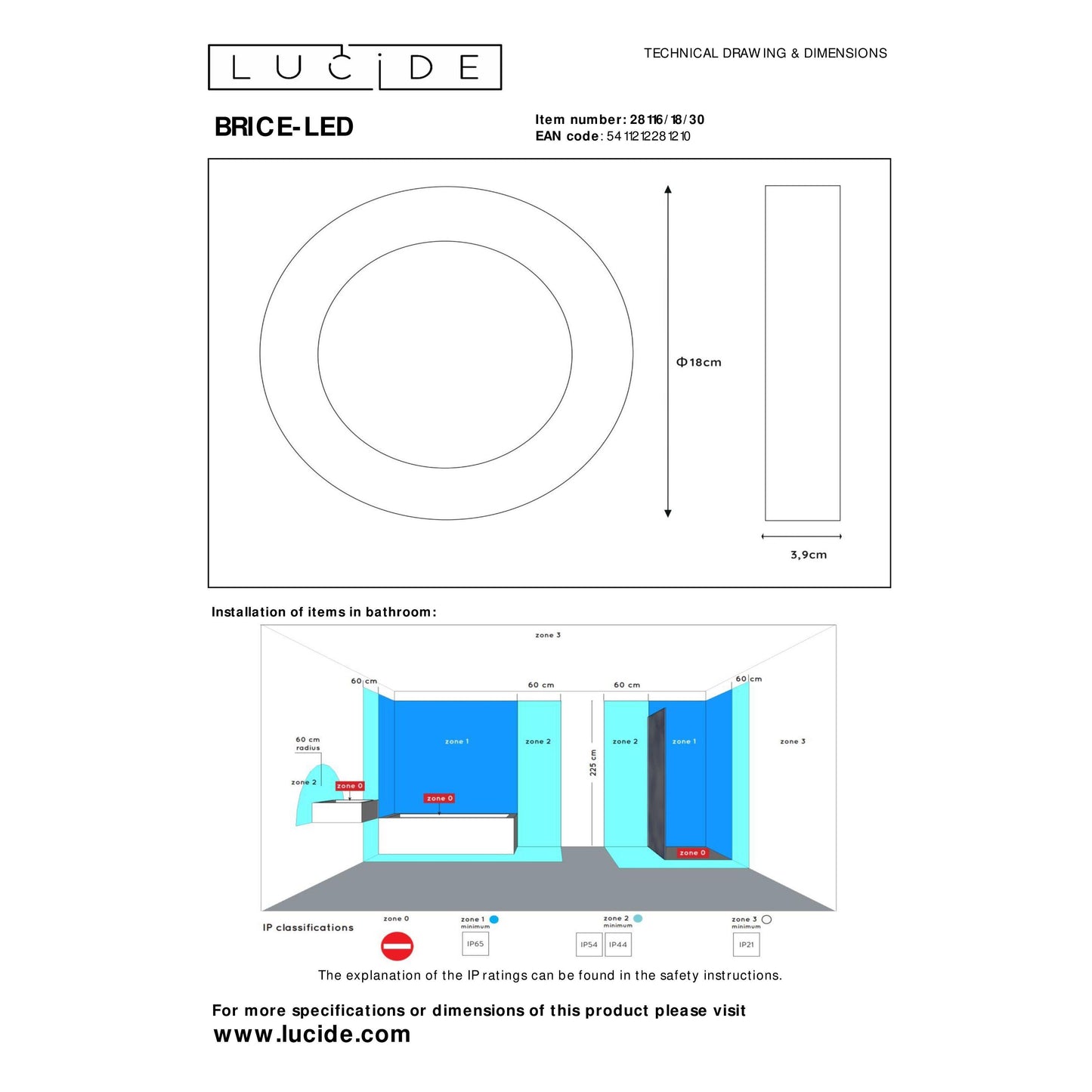 Lucide BRICE-LED - Flush ceiling light Bathroom - Ø 18 cm - LED Dim. - 1x12W 3000K - IP44 - Black