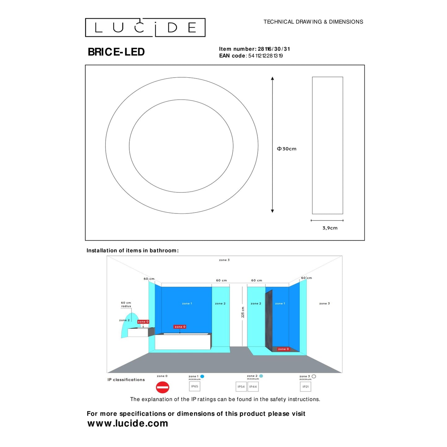 Lucide BRICE-LED - Flush ceiling light Bathroom - Ø 30 cm - LED Dim. - 1x30W 3000K - IP44 - White