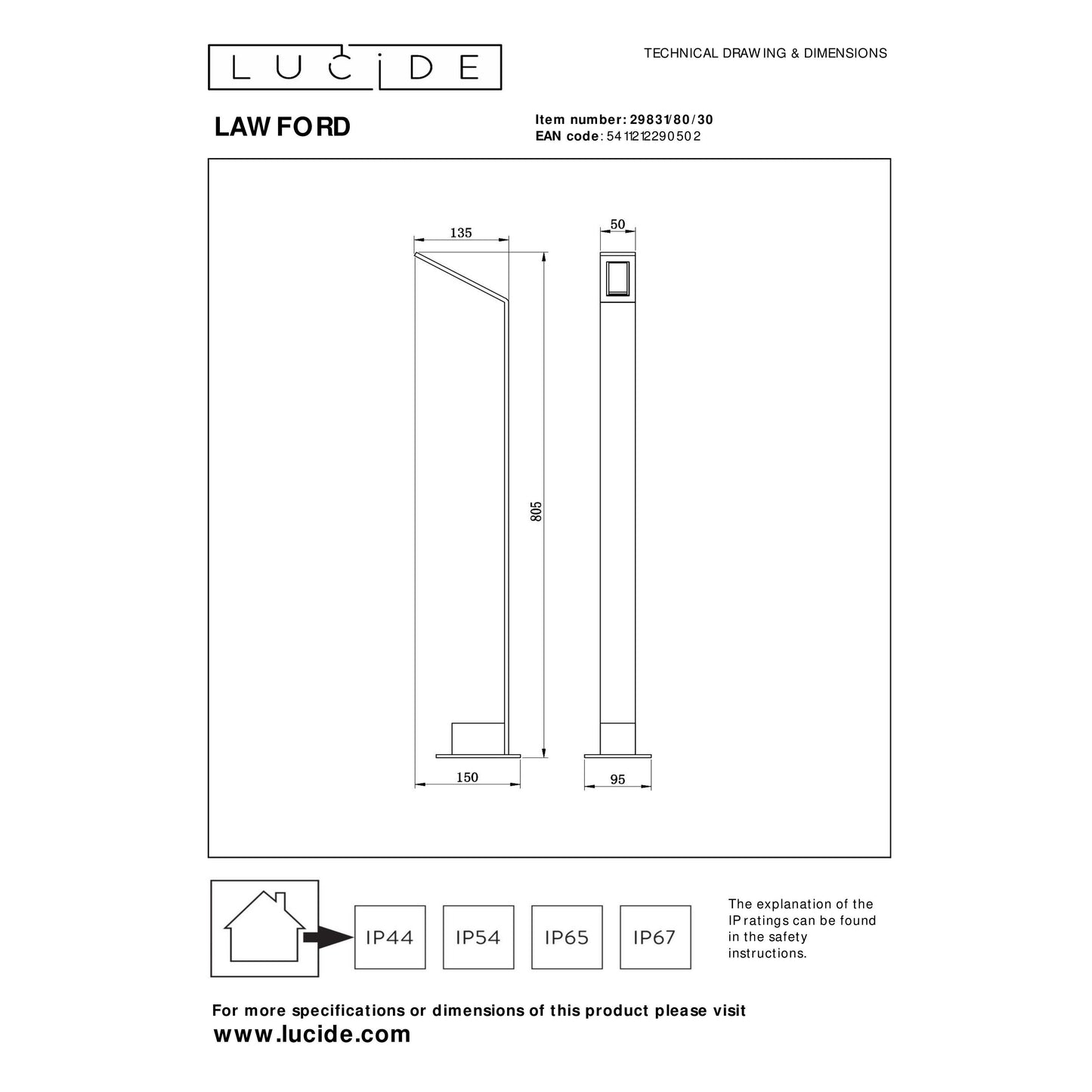Lucide LAWFORD - Bollard light - LED - 1x6W 3000K - IP54 - Black