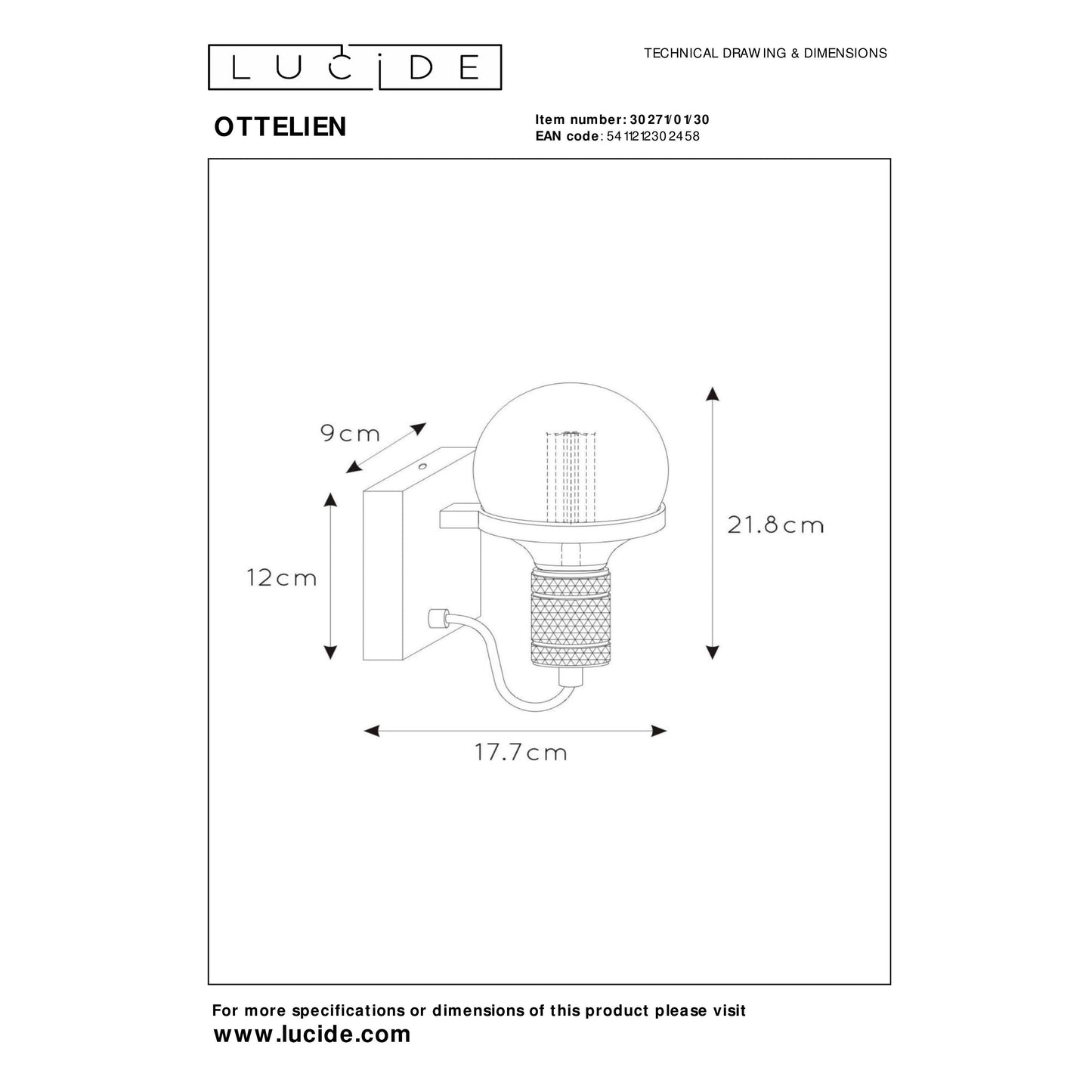 Lucide OTTELIEN - Wall light - Ø 17,7 cm - 1xE27 - Black