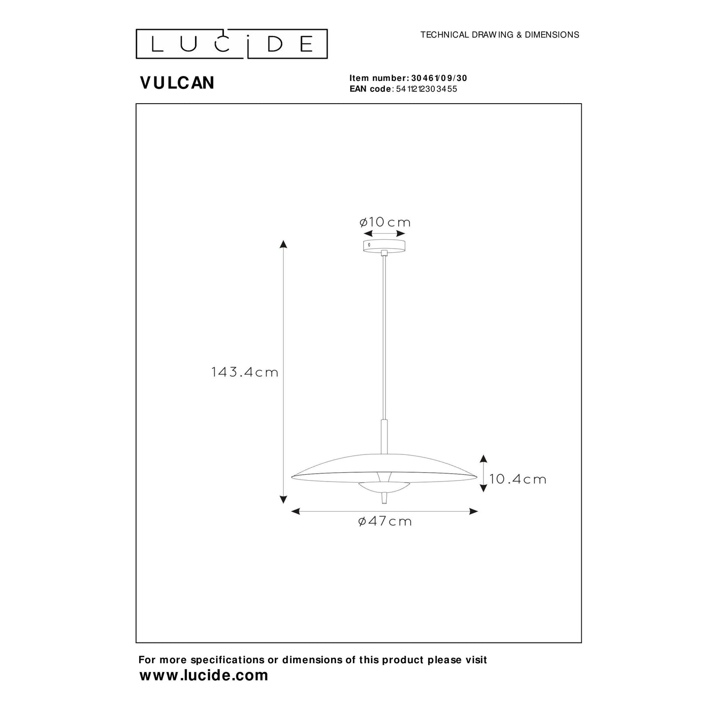 Lucide VULCAN - Pendant light - Ø 47 cm - LED Dim. - 1x9W 3000K - Black