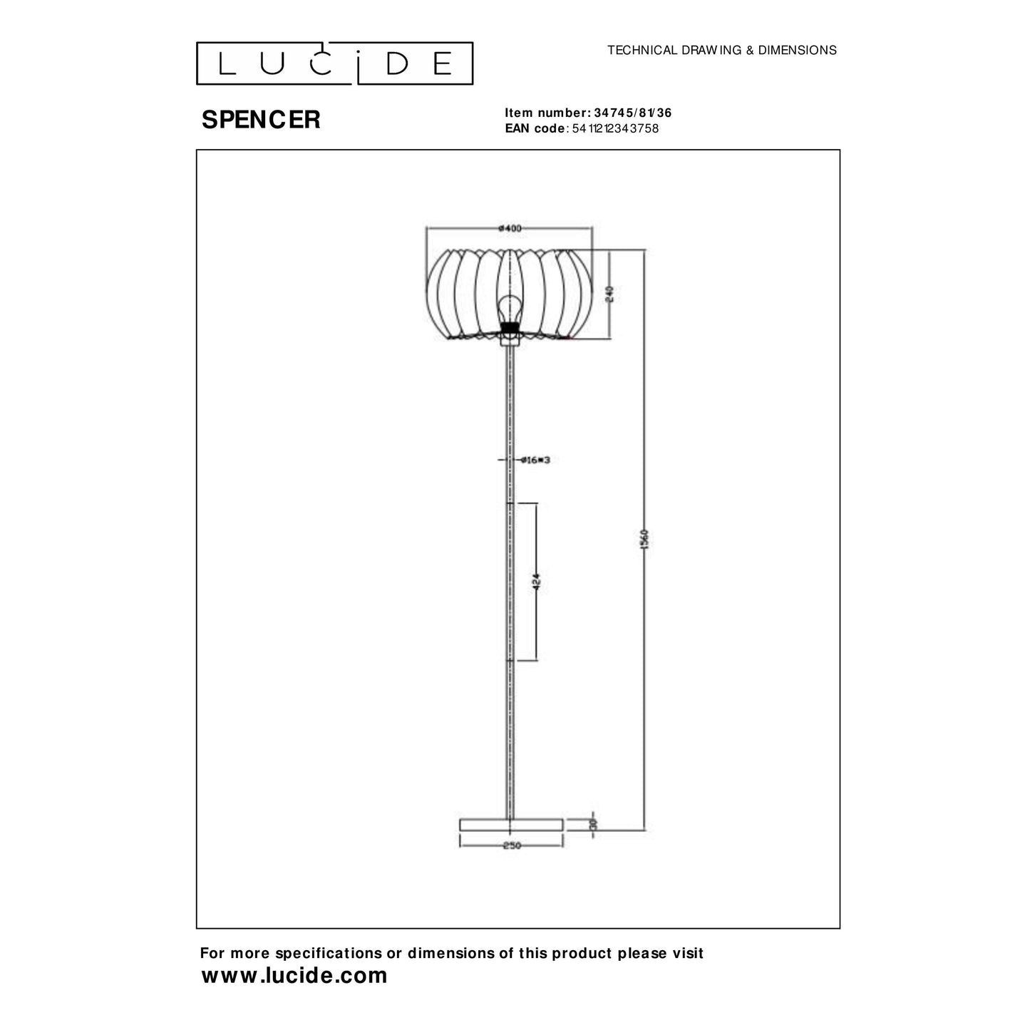 Lucide SPENCER - Floor lamp - Ø 40 cm - 1xE27 - Grey