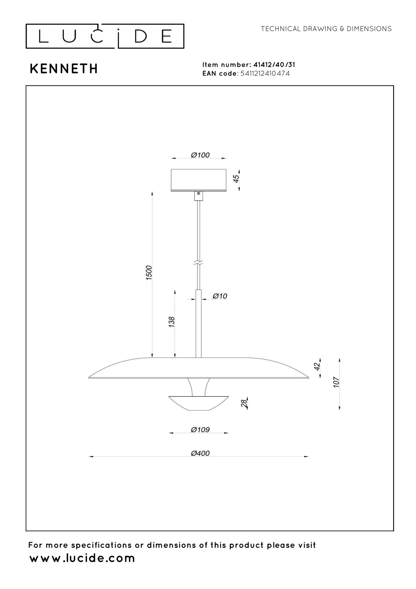 Lucide KENNETH - Pendant light - Ø 40 cm - LED Dim. - 1x12W 2700K - White | Premium